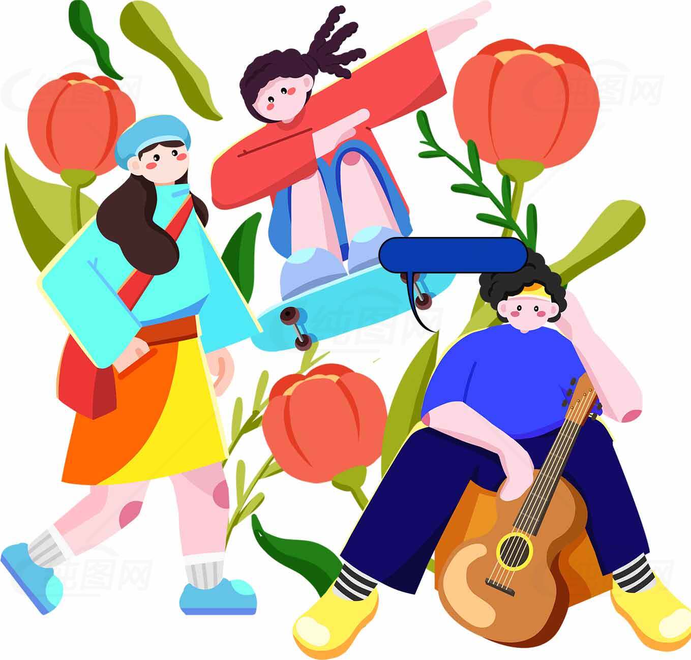 春日插画风格人物与花卉场景设计素材