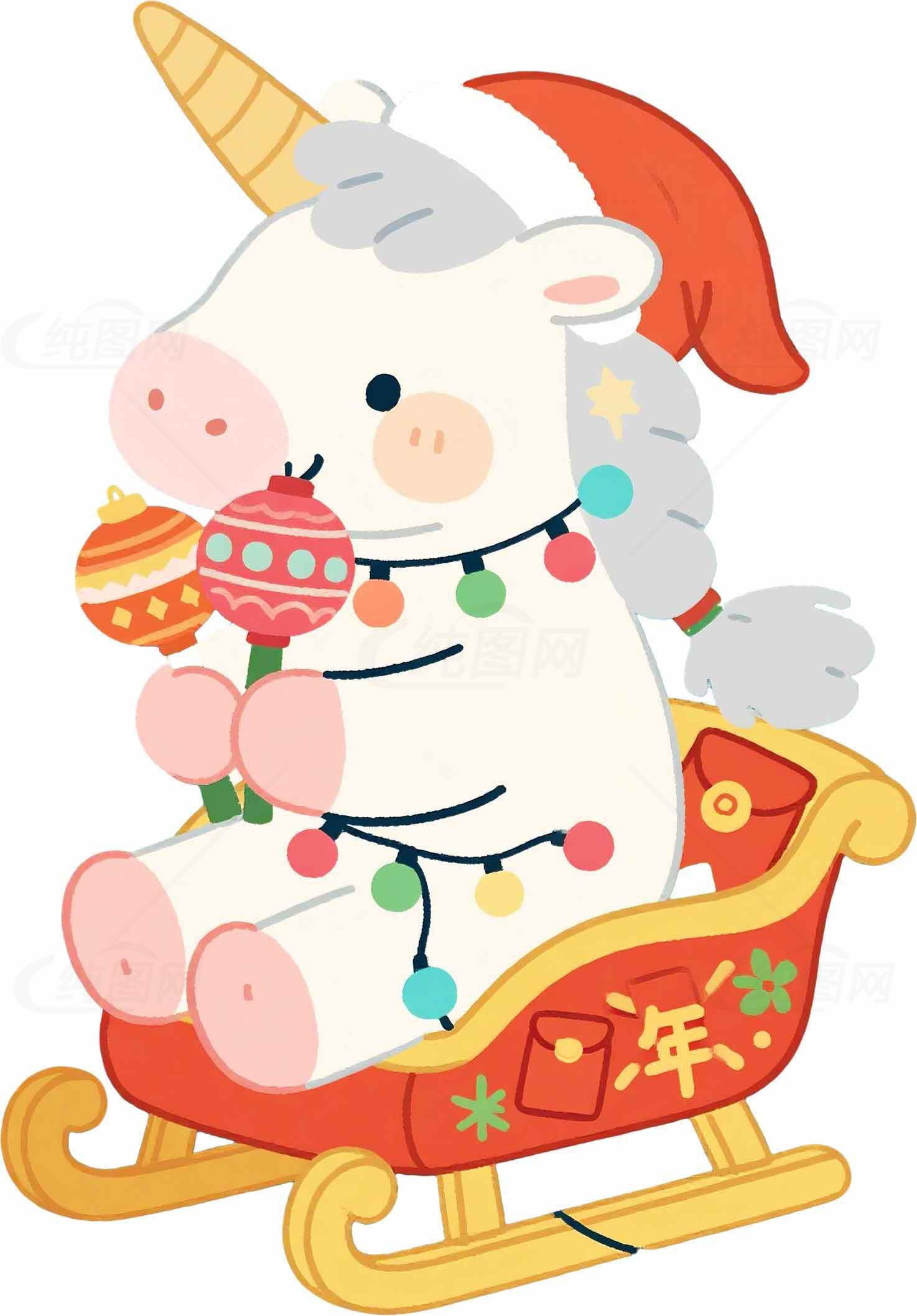 圣诞独角兽插画：可爱卡通风格的节日装饰素材