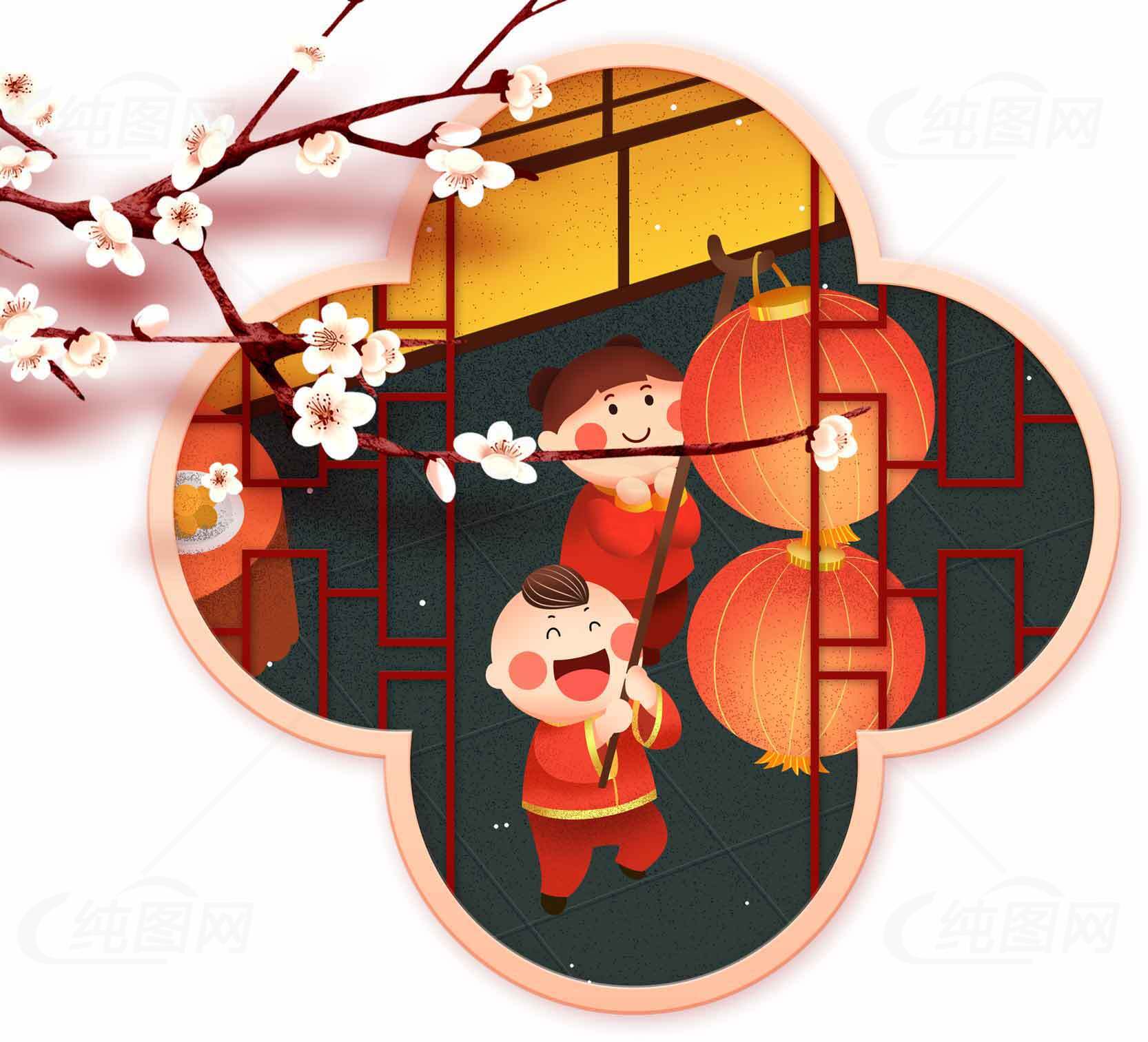 春节灯笼与儿童插画设计素材