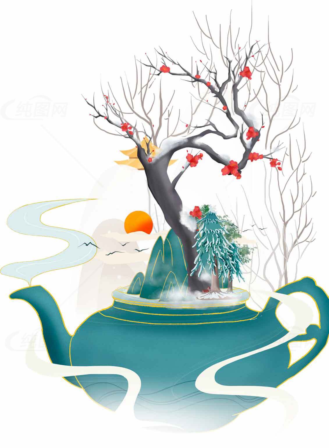 创意水墨风茶壶插画：自然与艺术的融合素材