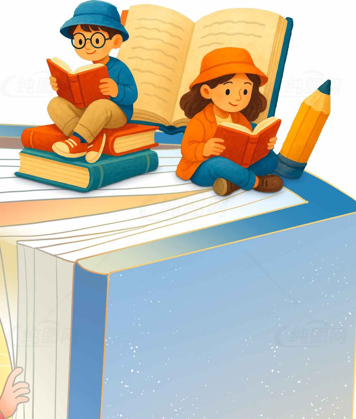 儿童阅读插画：书本与学习的乐趣素材