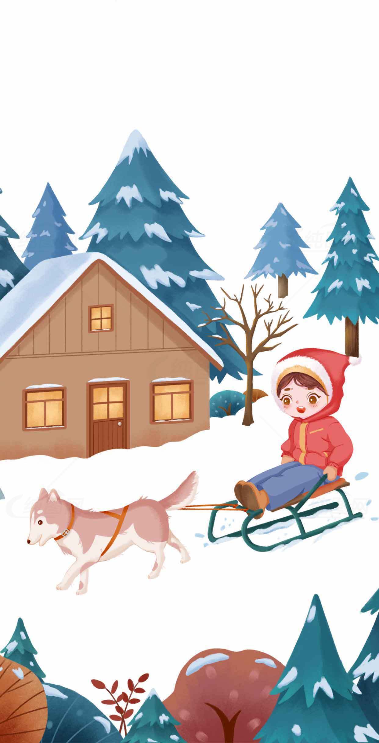 冬季雪地滑雪场景插画：孩子与哈士奇的欢乐时光素材
