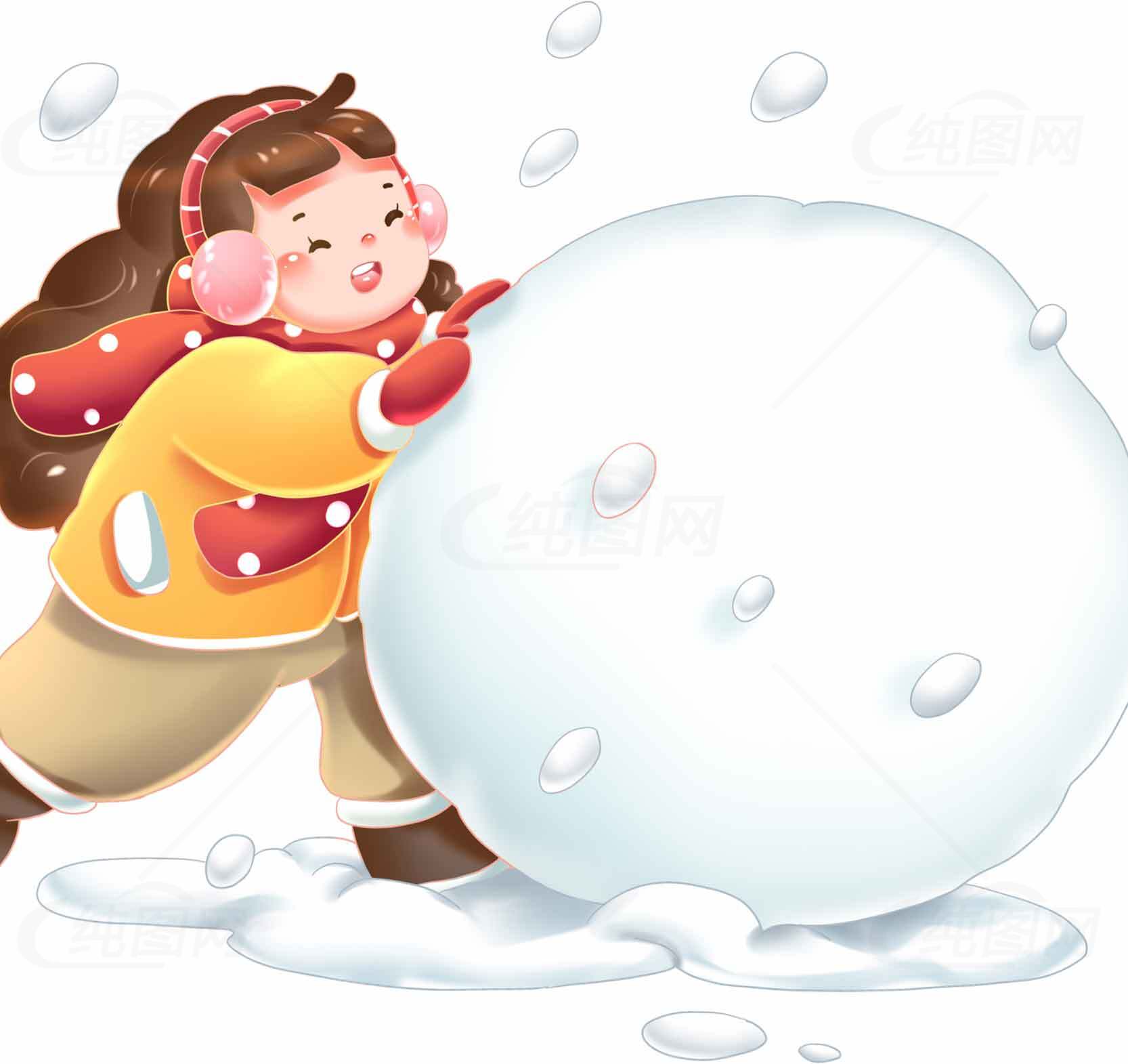冬季雪地玩耍：女孩推雪球插画素材