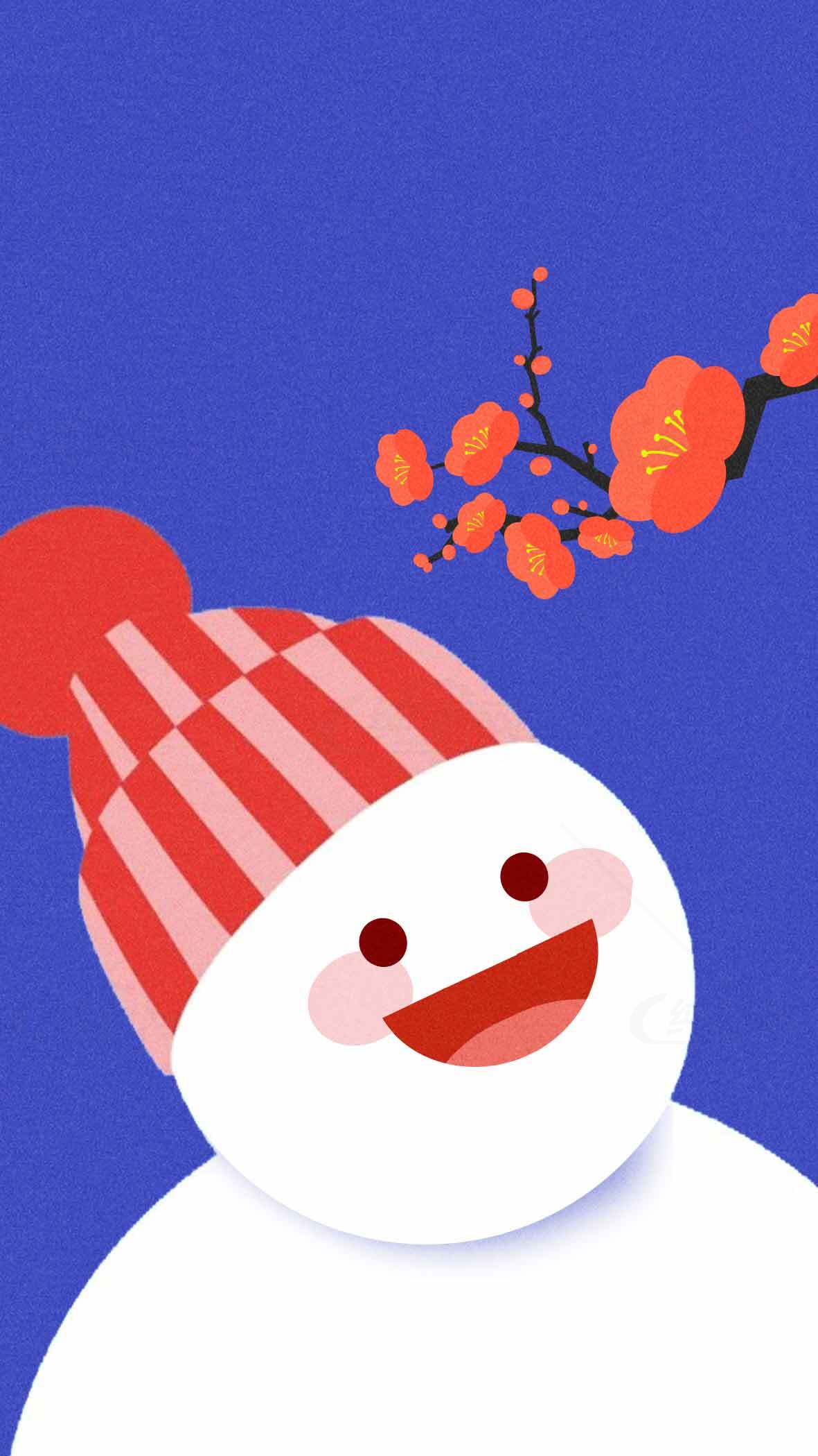 可爱雪人插画与红梅花背景 | 冬季节日氛围素材