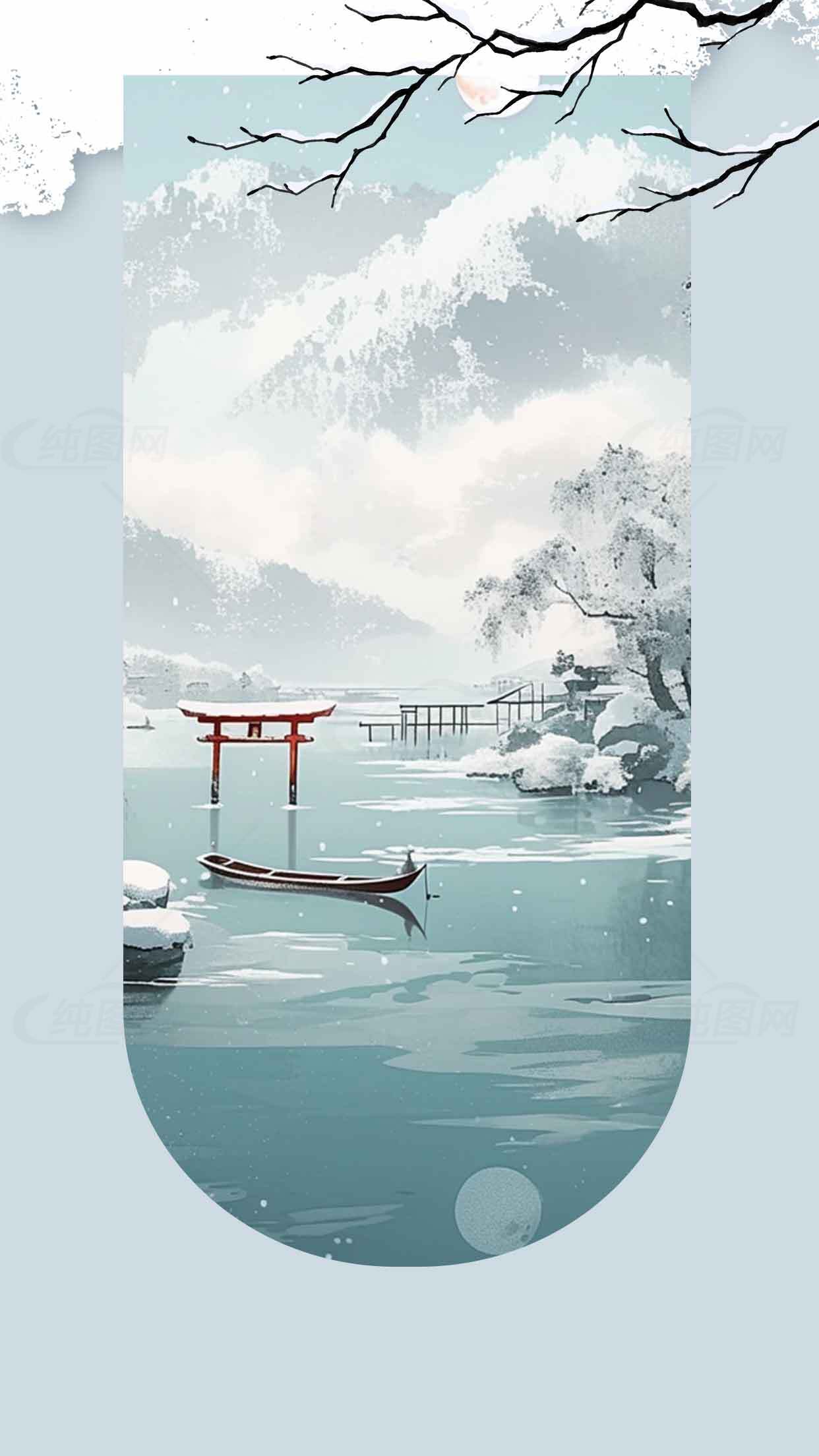 冬日和风雪景插画：湖面小舟与日式鸟居素材
