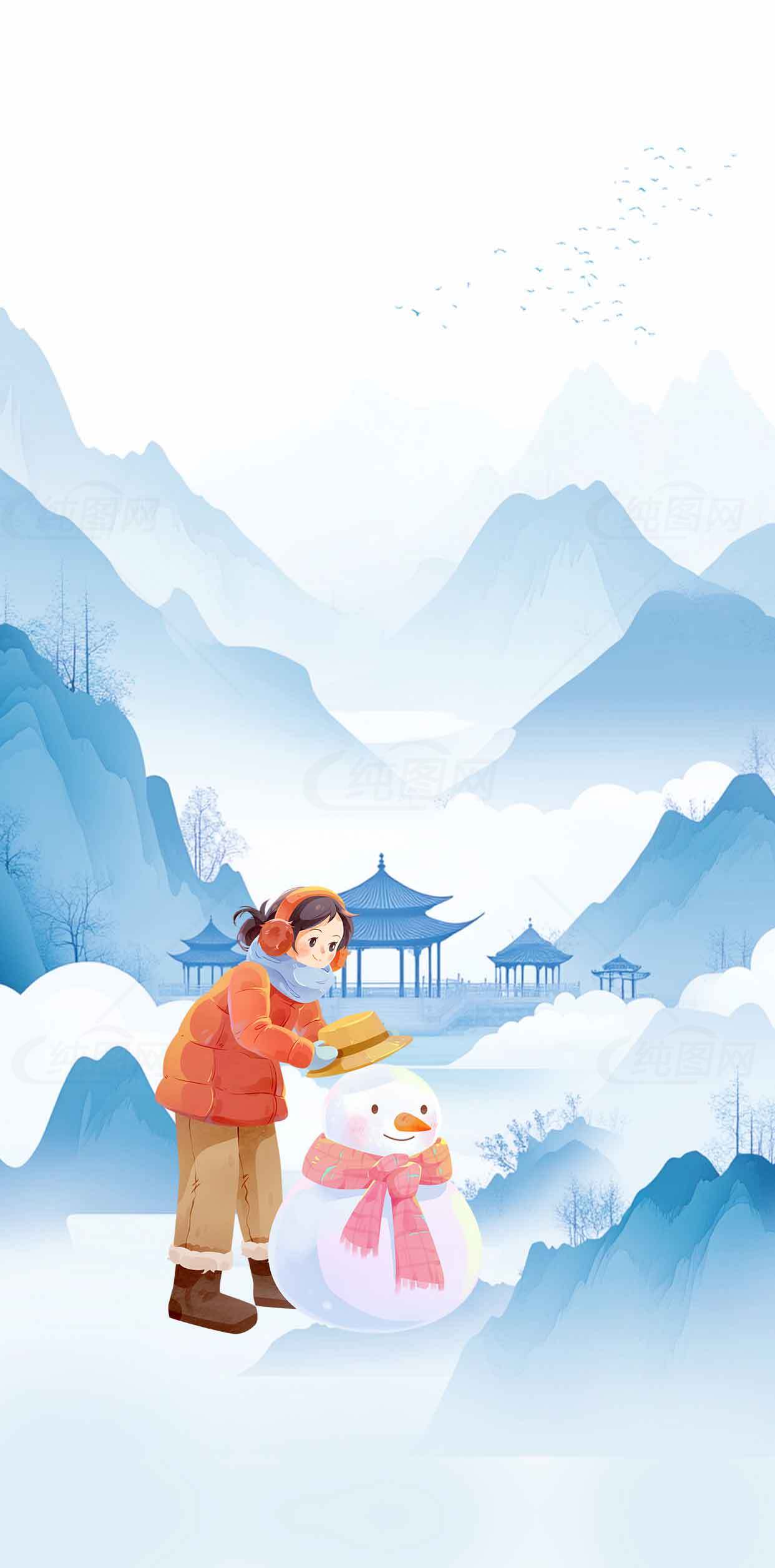 冬日雪景插画：女孩堆雪人唯美场景素材