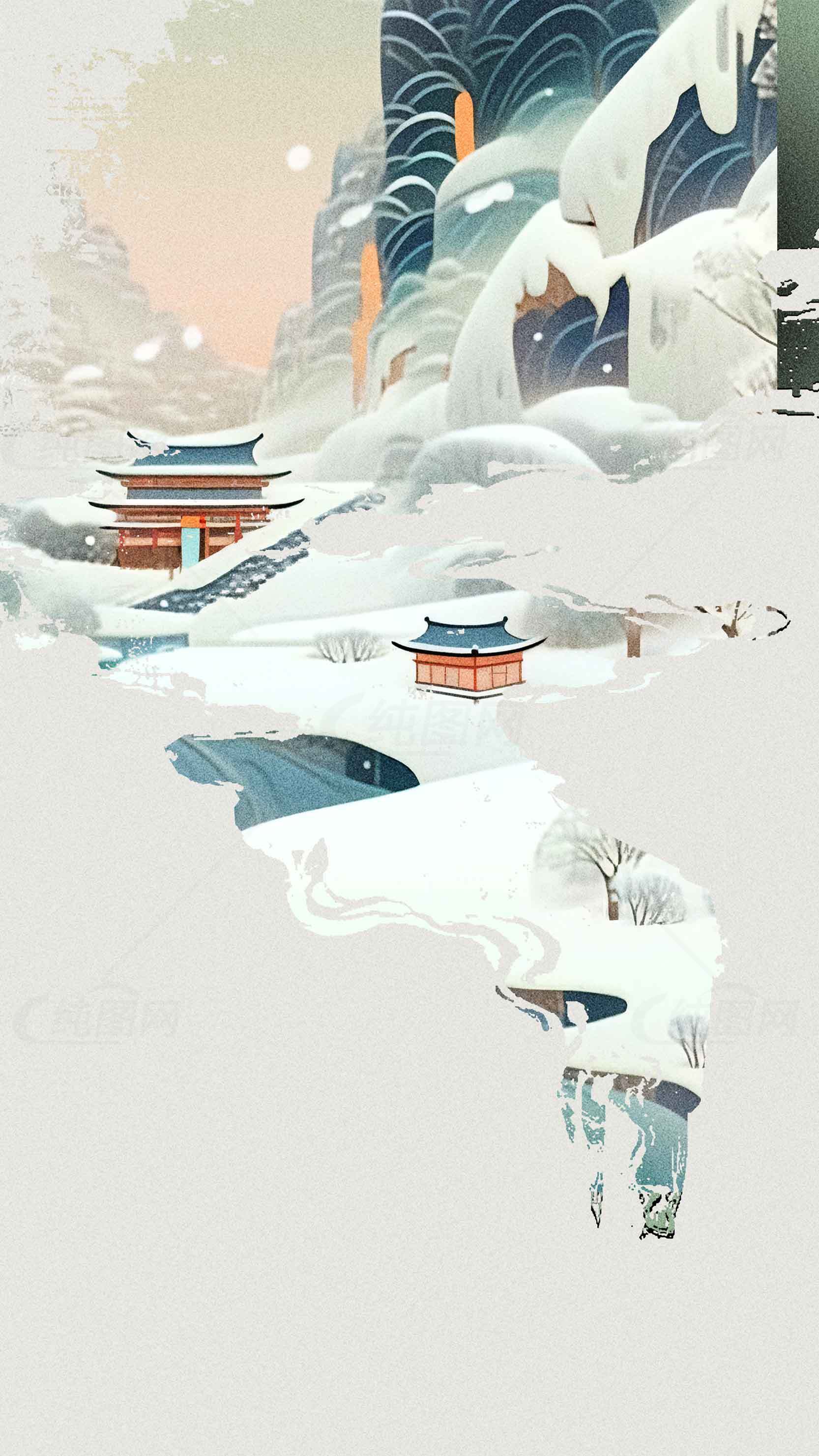冬日雪景中的东方古建筑插画素材