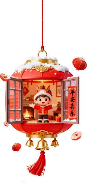 新年红灯笼装饰与可爱卡通人物设计