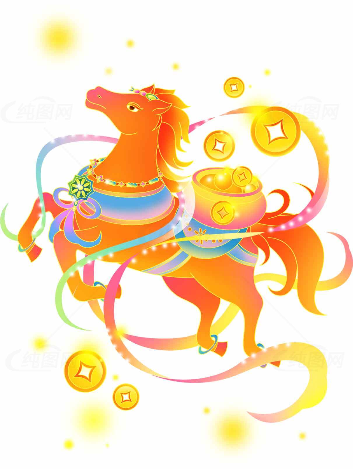 彩绘马与金钱元素插画设计素材