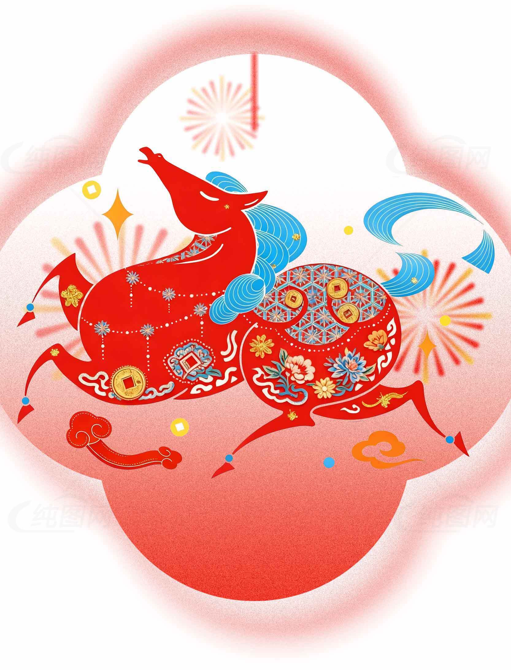 中国传统剪纸风格马年艺术插画素材