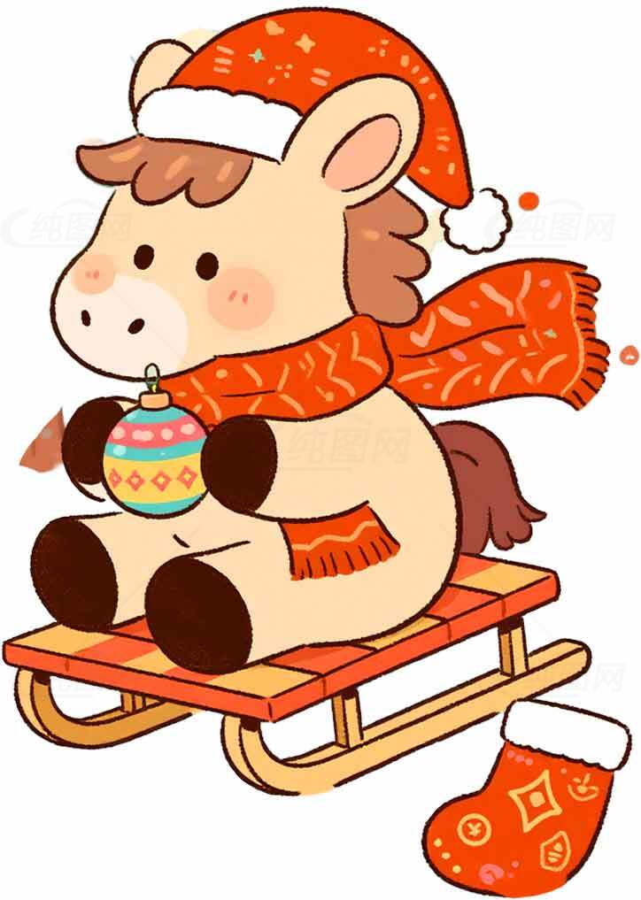 圣诞节可爱小马插画：冬季雪橇与节日装饰素材