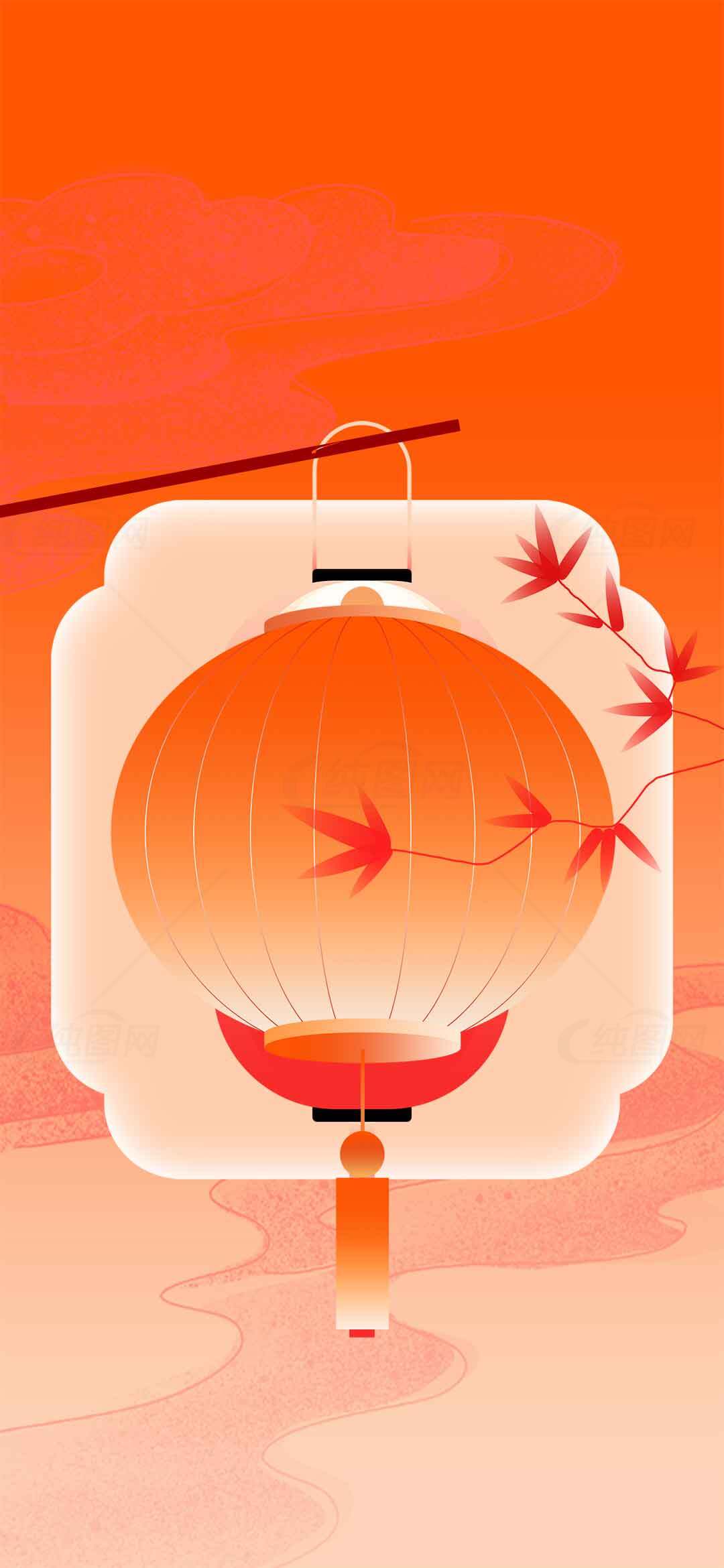 中式红色灯笼与秋叶背景插画设计素材