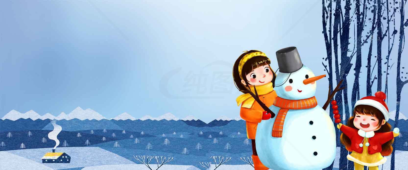 冬季雪景儿童堆雪人插画图片素材
