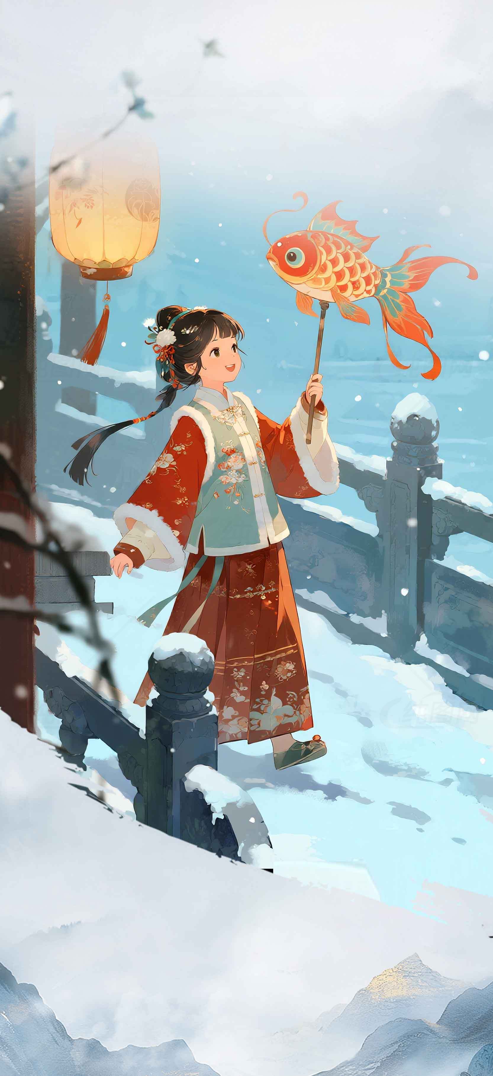 雪中灯笼与鱼灯的古风少女插画素材