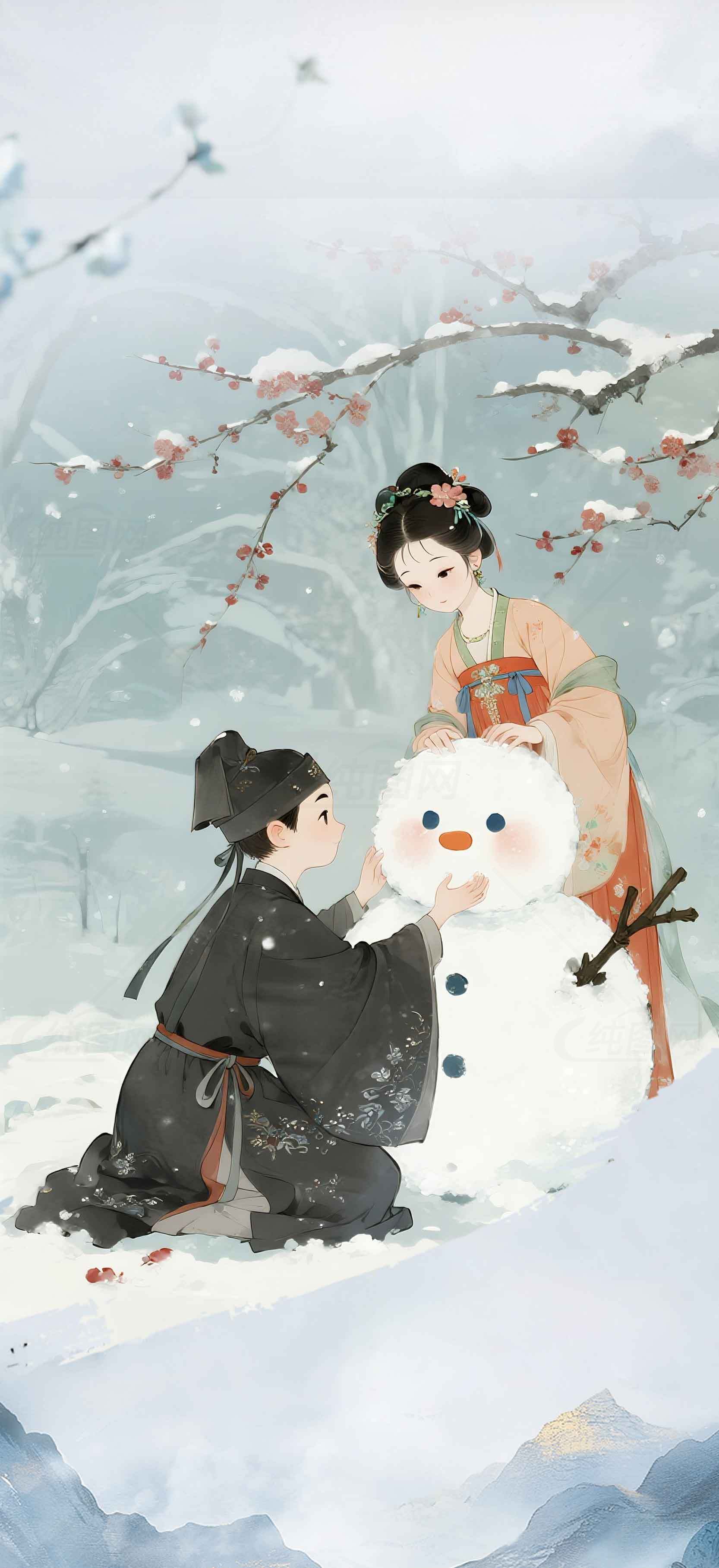 古风雪景插画：堆雪人温馨场景素材