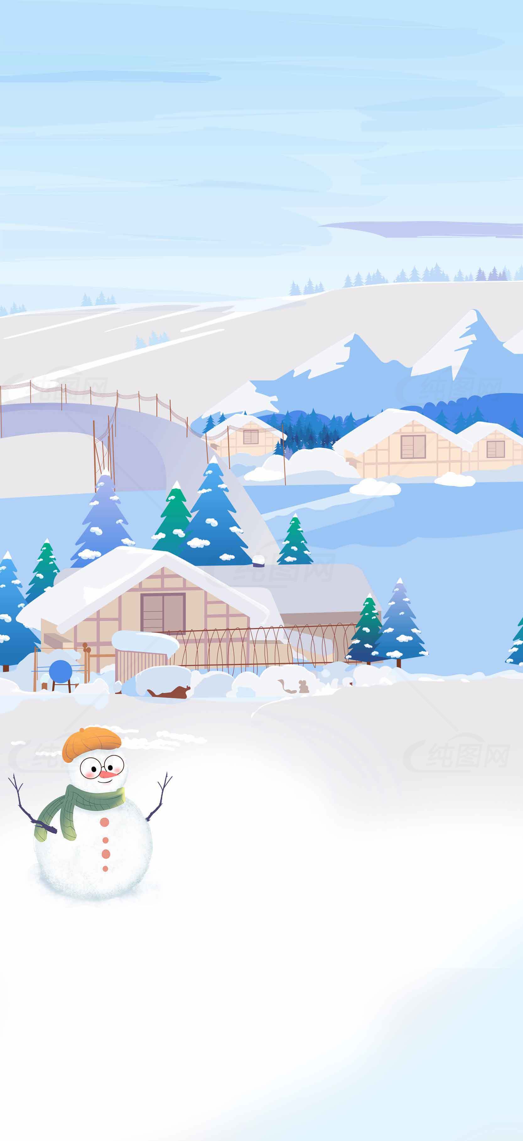 冬季雪景插画：雪人与乡村小屋的唯美场景素材