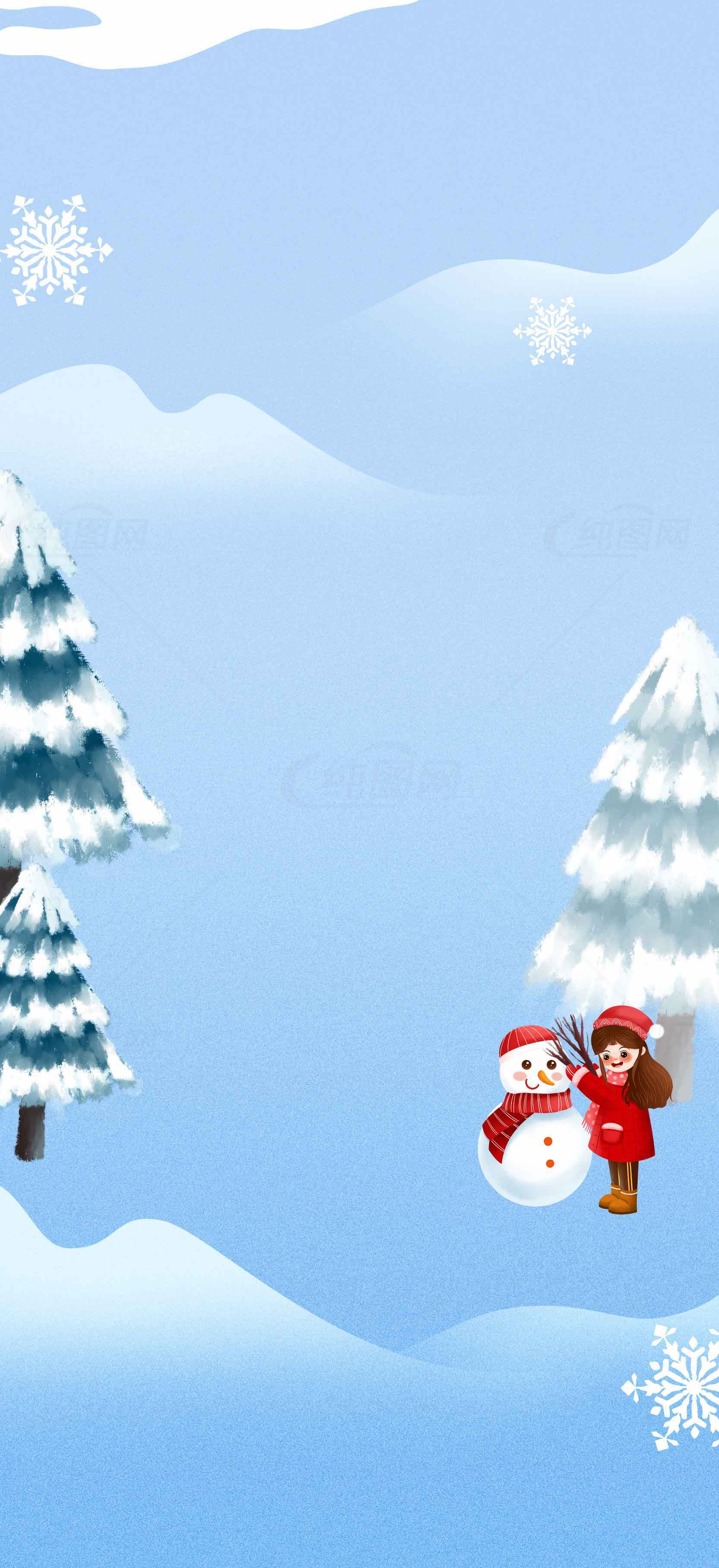 冬季雪景插画背景：雪人与女孩的温馨时光素材