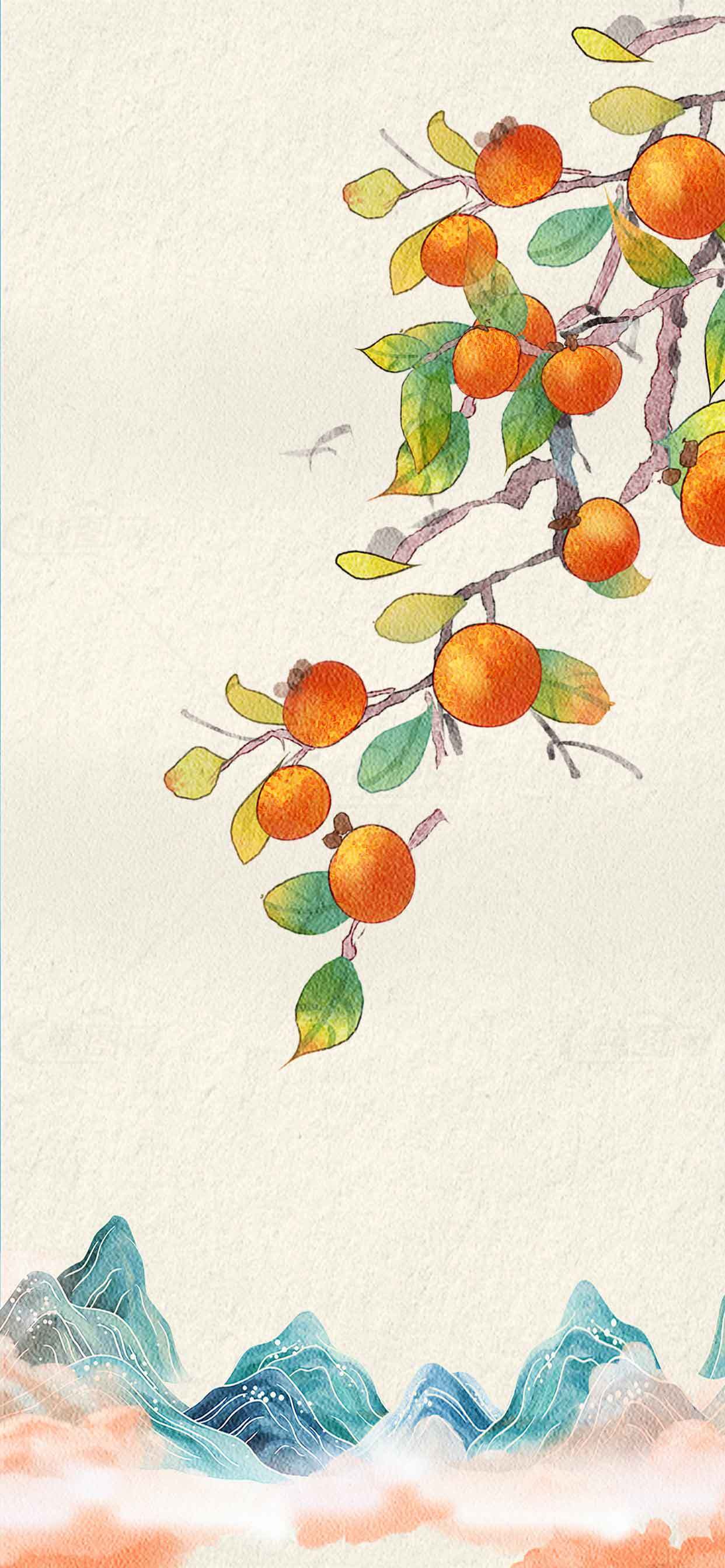 国风水彩柿子与山水背景插画素材