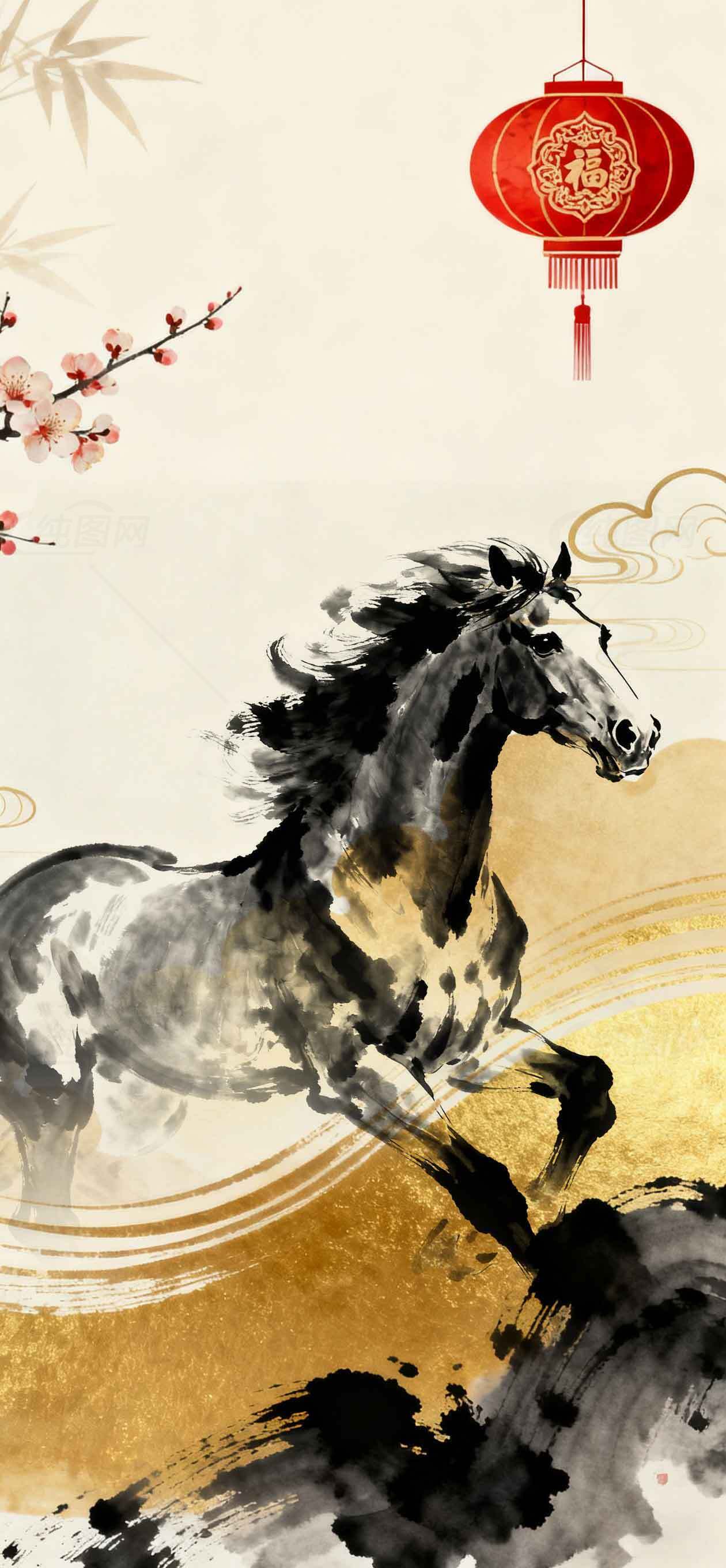 中国风水墨画骏马与红灯笼背景素材