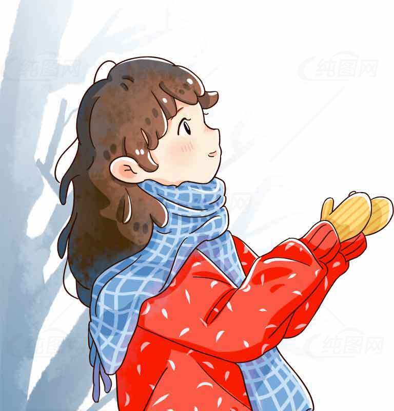 冬日女孩插画：温暖红色外套与蓝色围巾的治愈风格素材