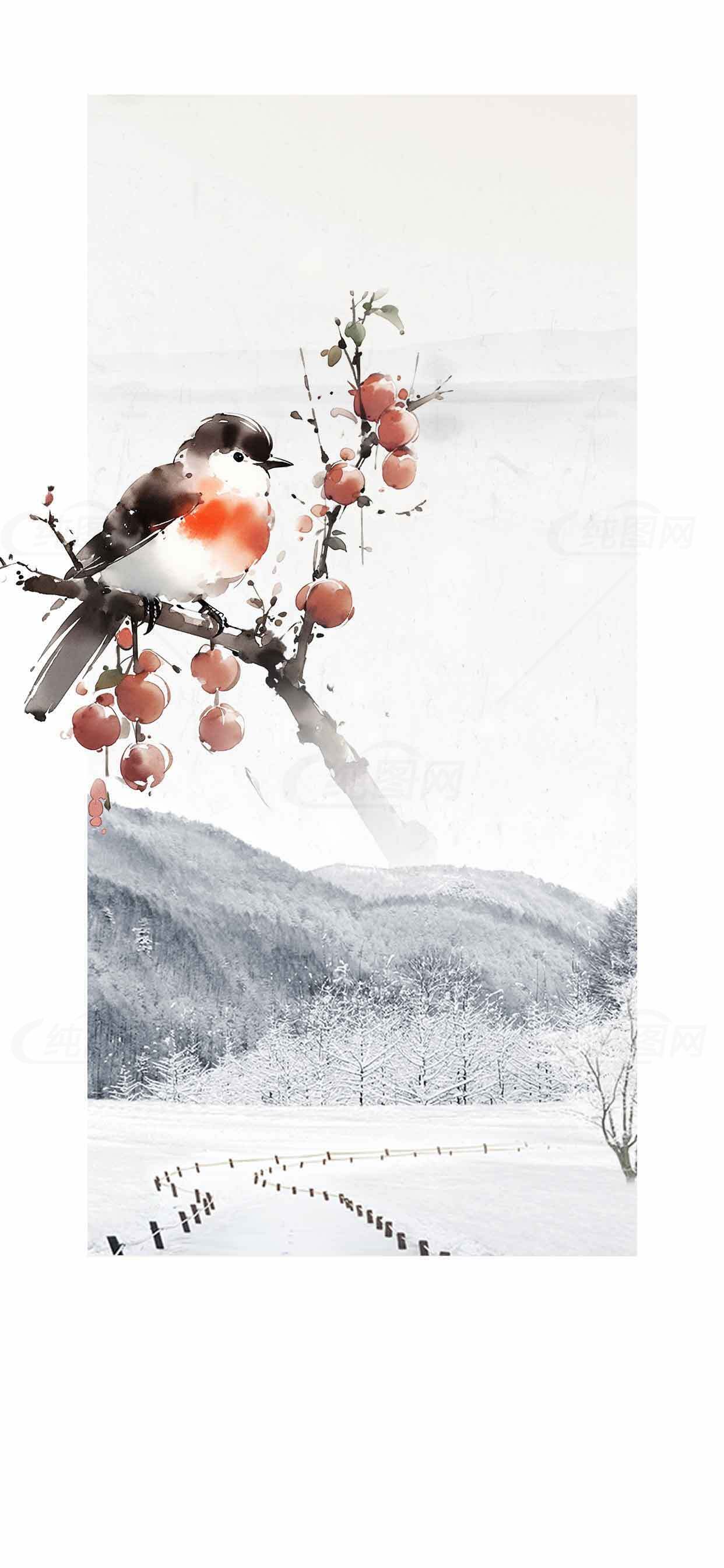 冬日雪景中的红果与小鸟水墨画意境图素材