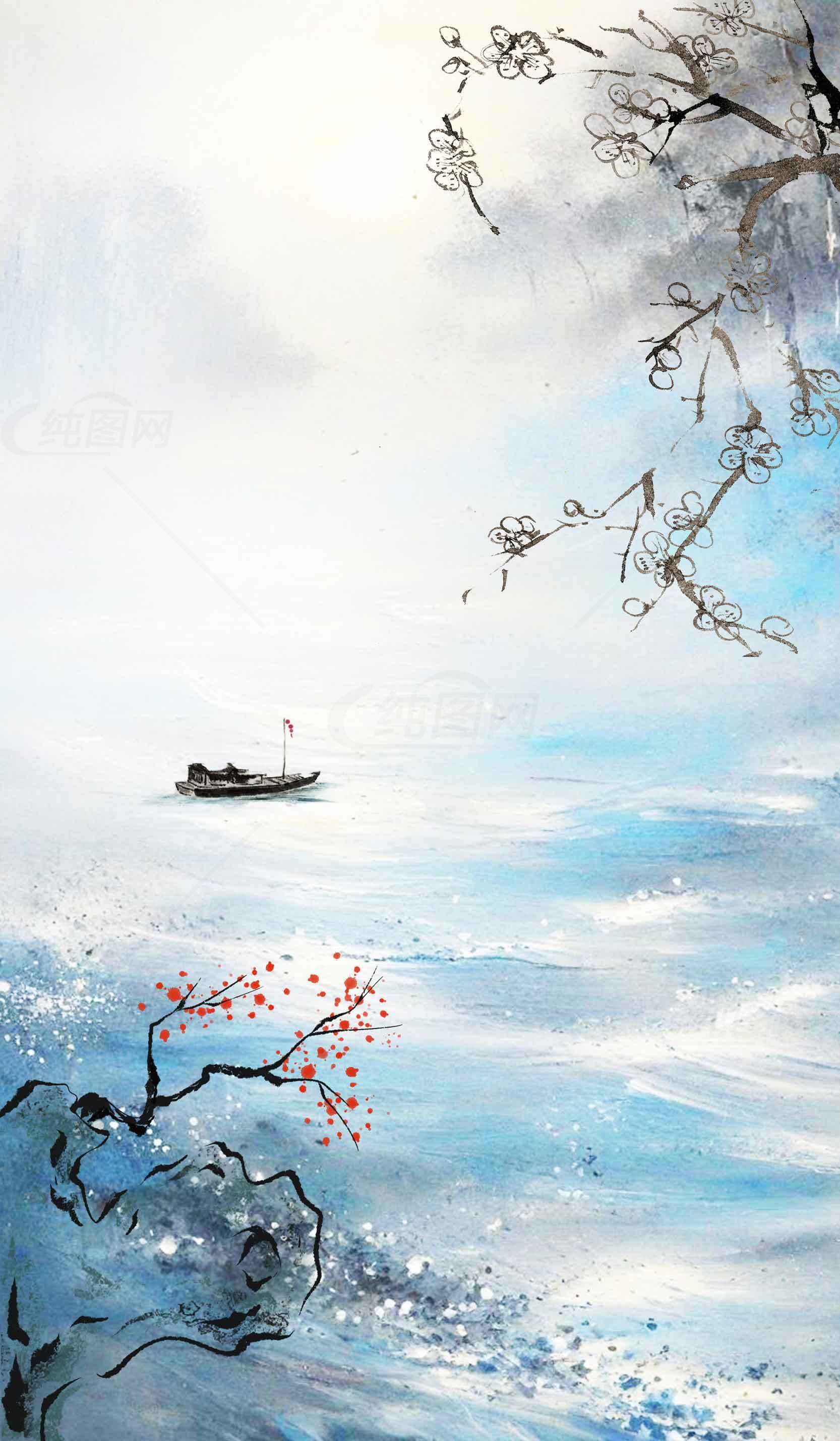 唯美中国水墨画风景：小船与湖面意境画素材