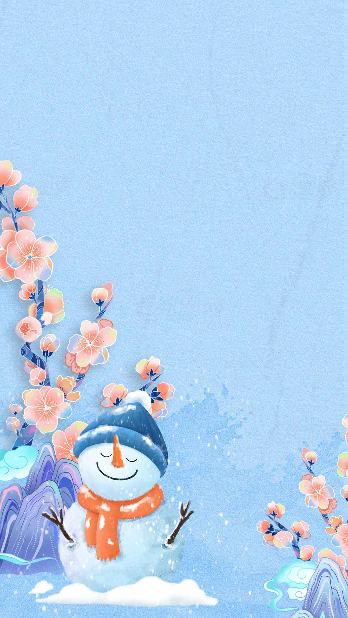 冬季雪人与梅花背景插画图片素材