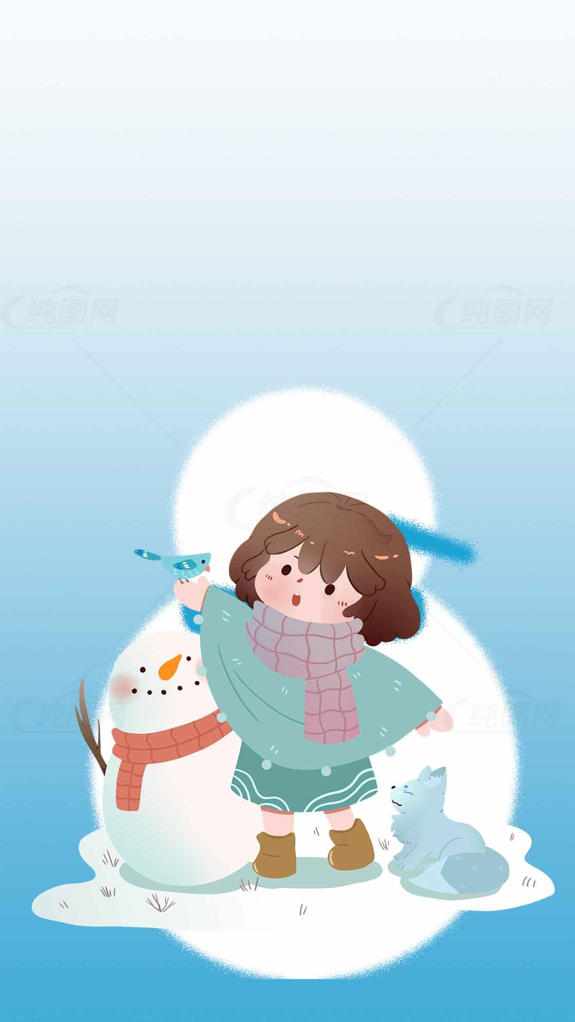 冬日童趣插画：女孩与雪人温馨场景素材
