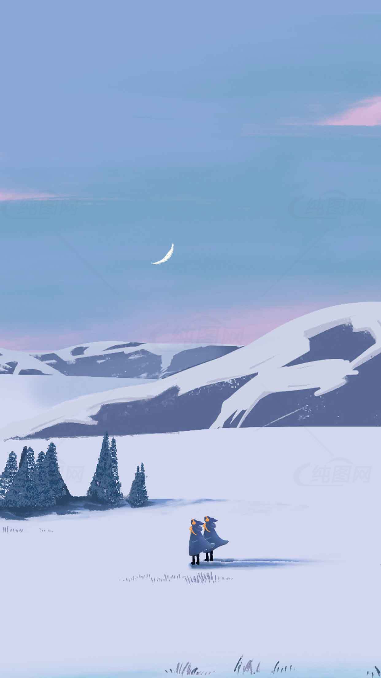 冬日雪原月夜插画唯美风景素材