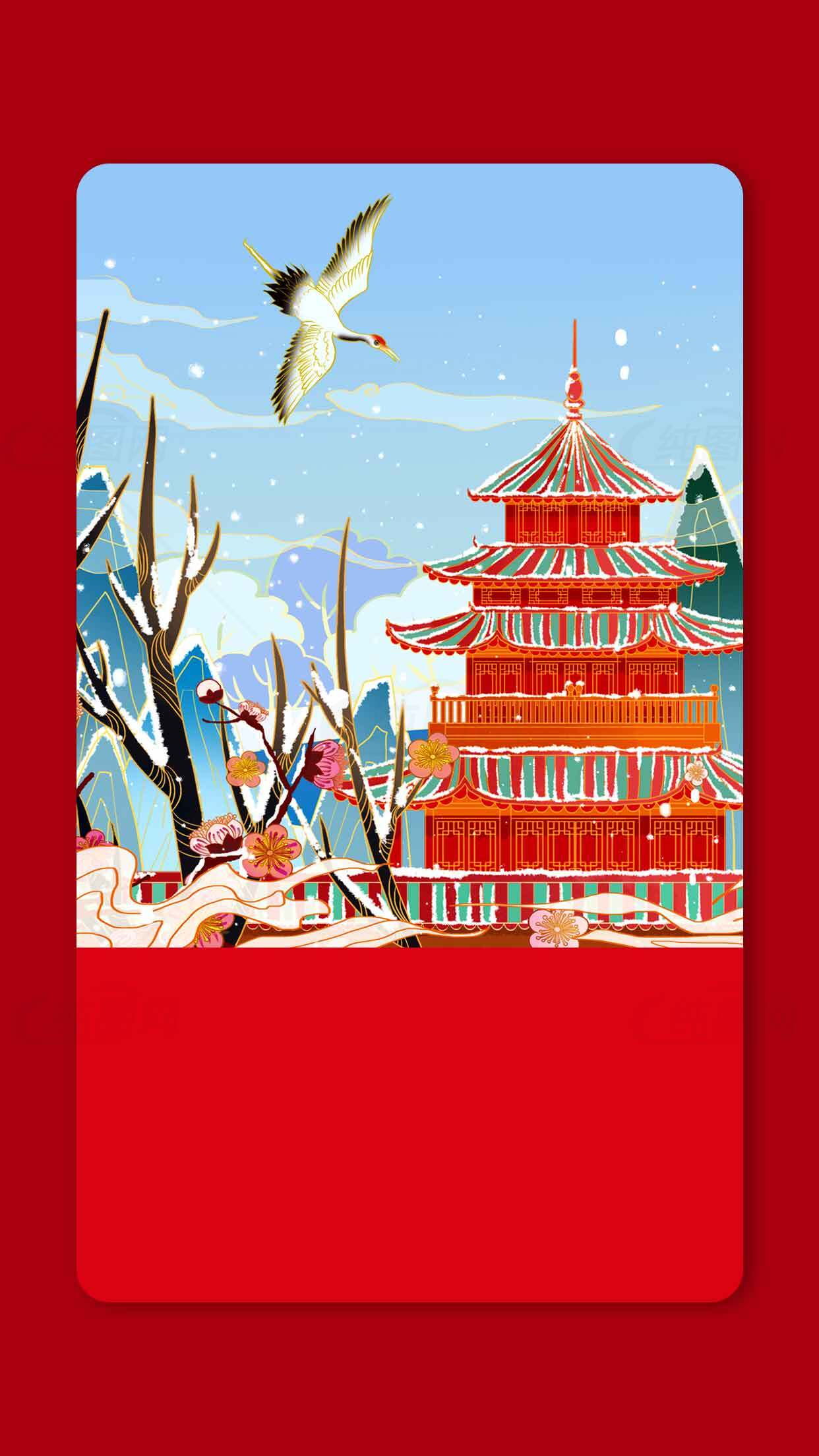 冬日红色古建筑插画背景素材