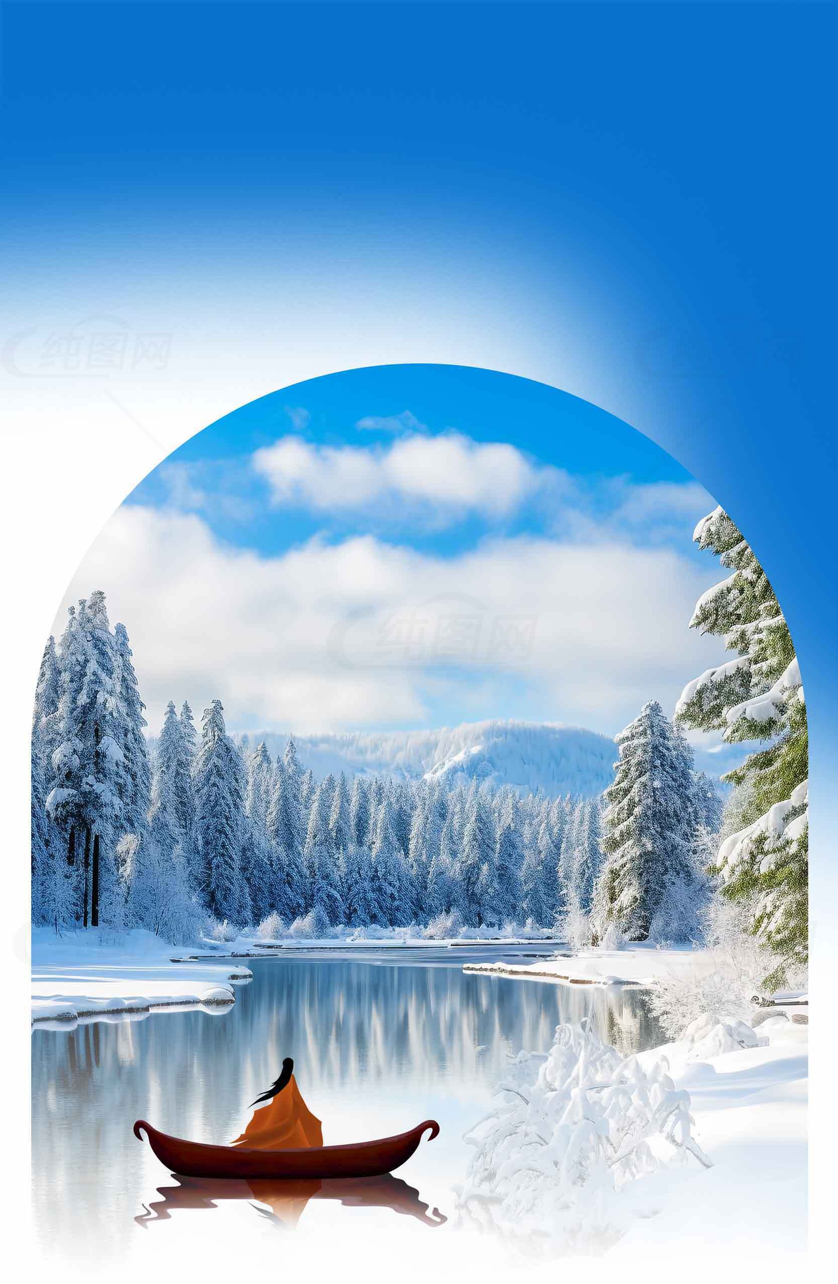 冬季湖泊雪景与独木舟唯美画面素材