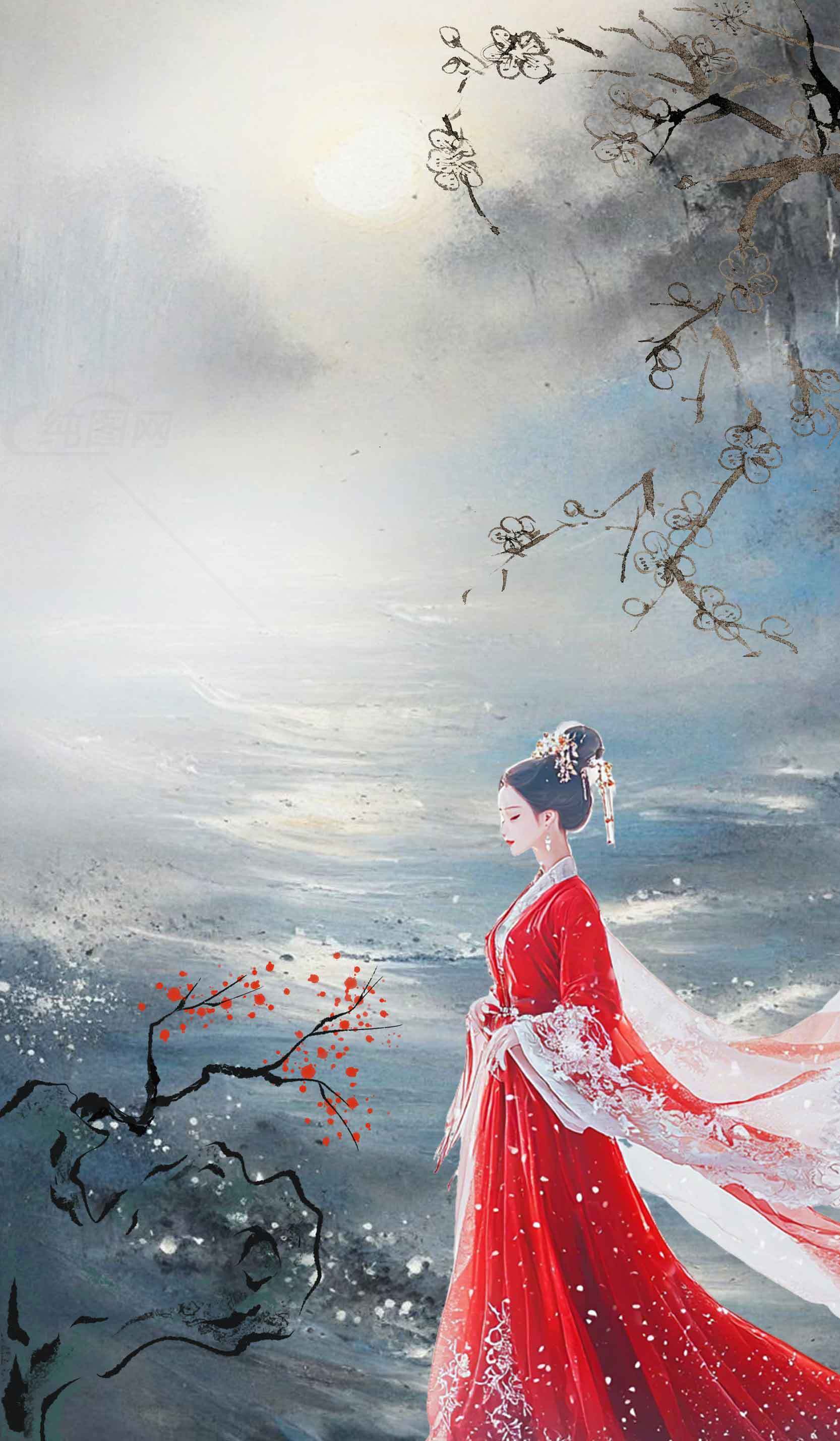 唯美古风红衣女子水墨画意境图素材