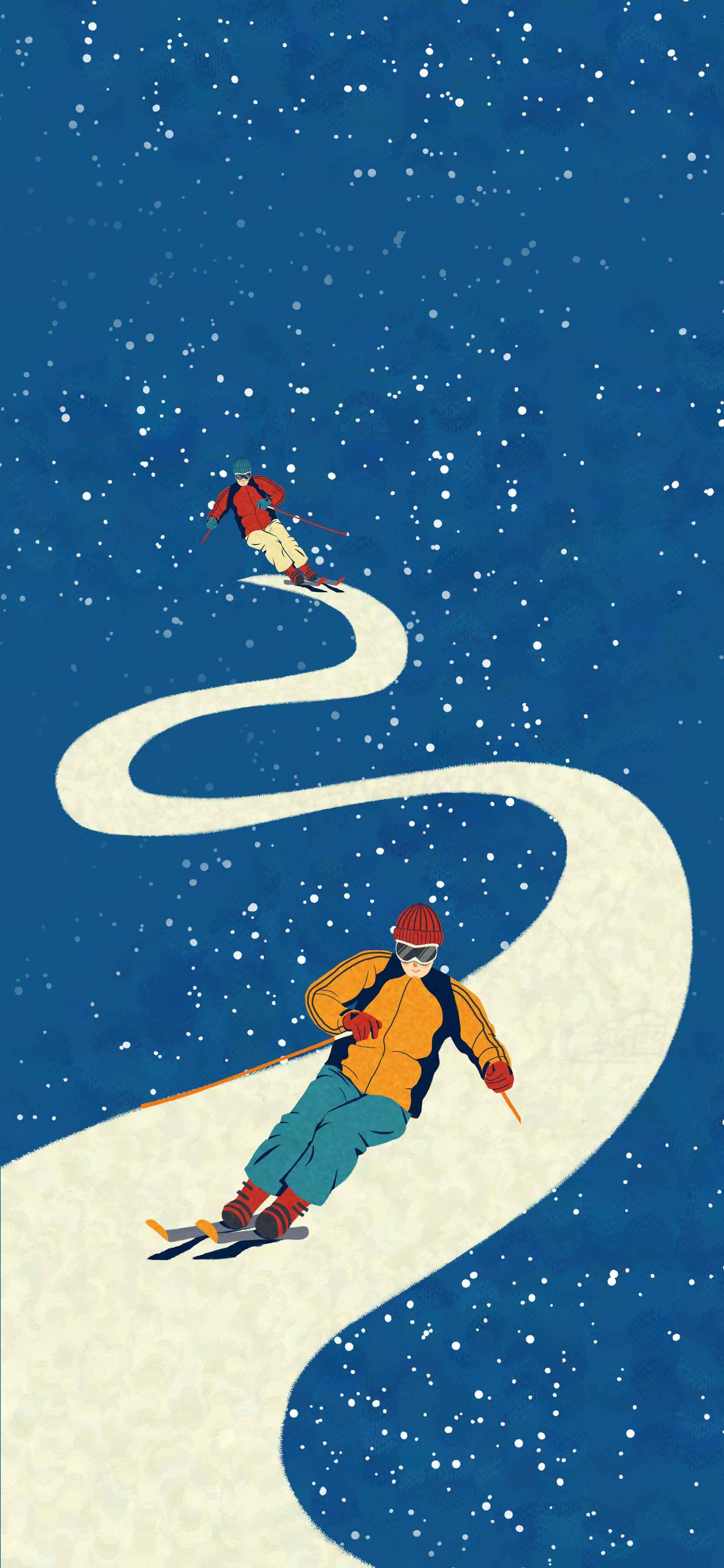 冬季滑雪运动插画：雪地与蓝天的完美结合素材