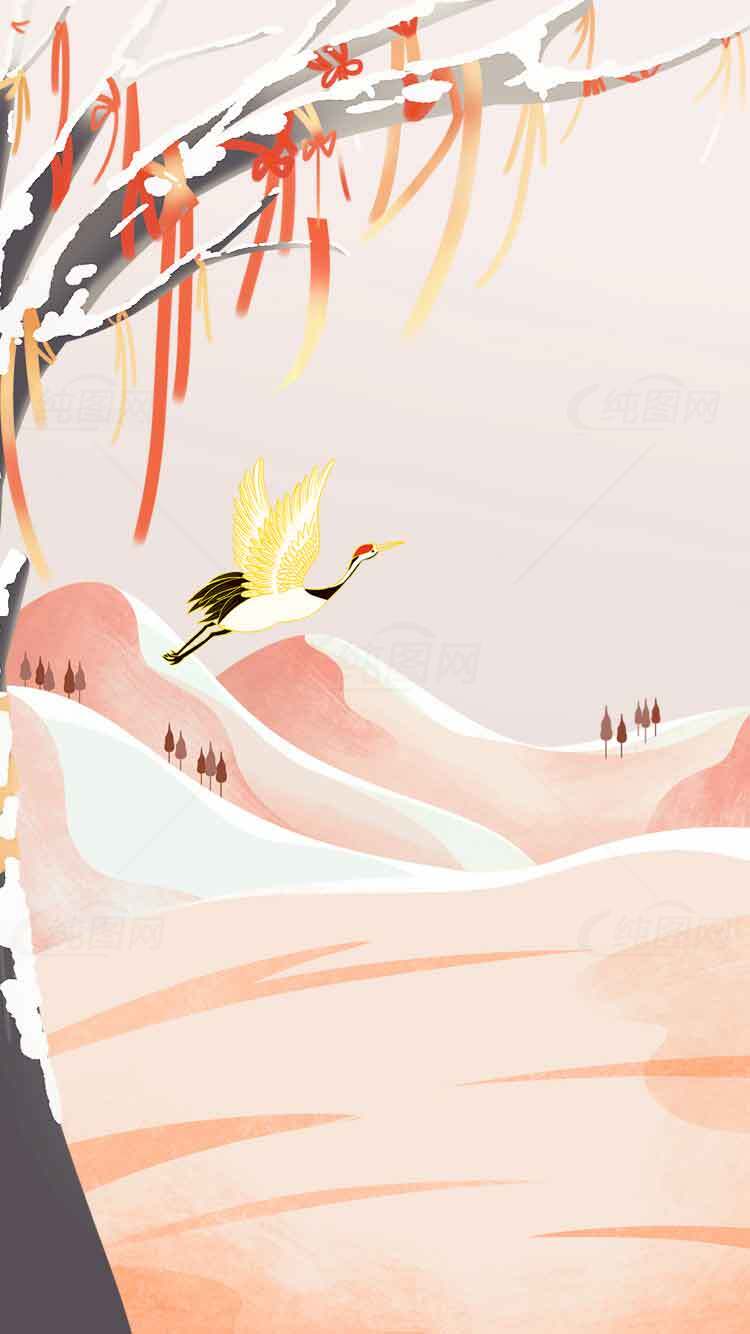 唯美山水画：丹顶鹤飞翔的冬日景色素材