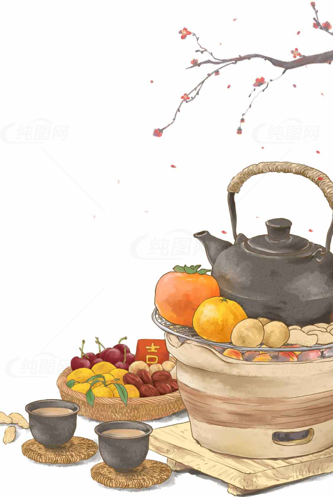 传统中式茶具与水果插画背景图片素材