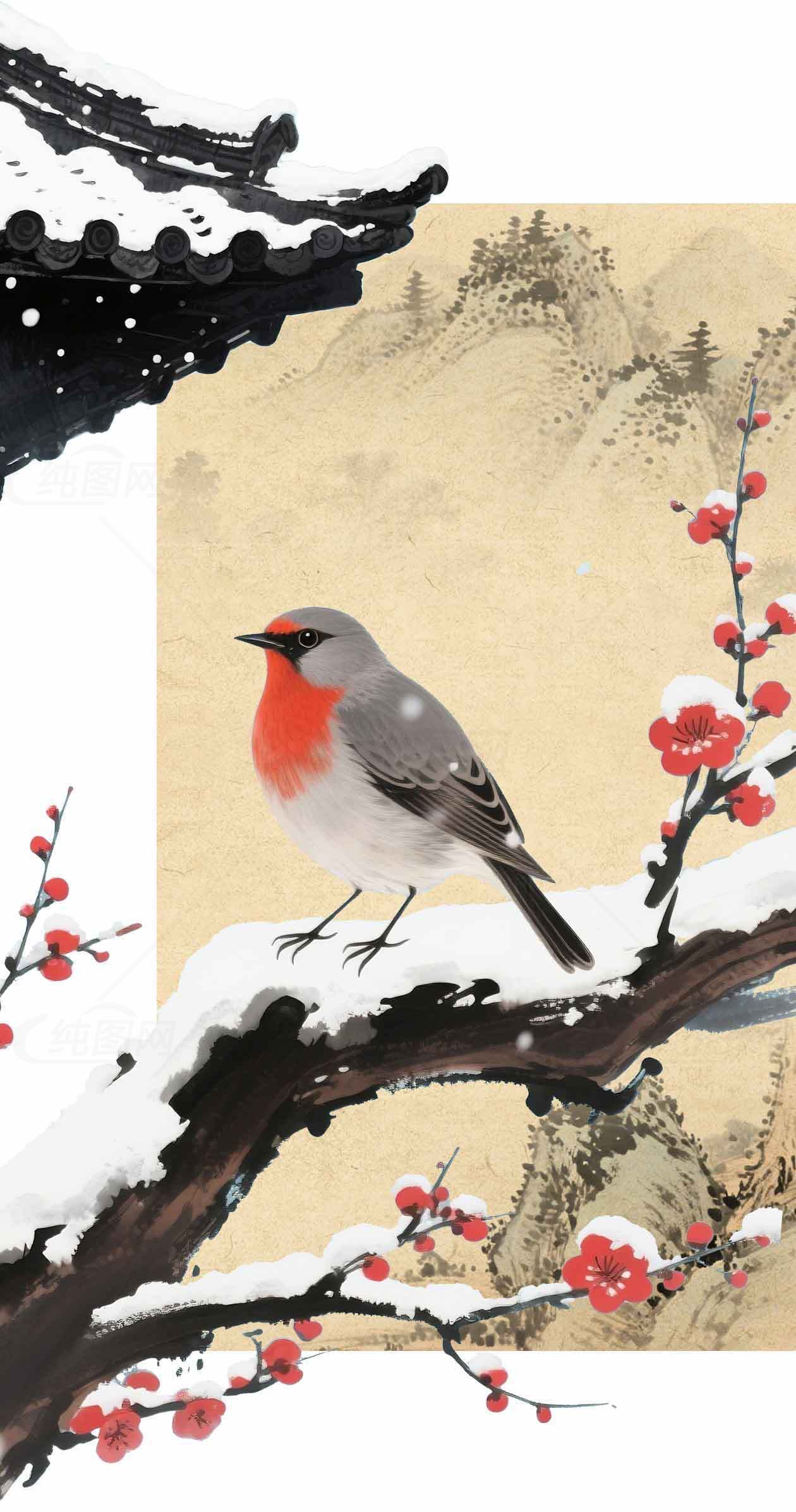 国画风雪中红梅与小鸟意境图素材