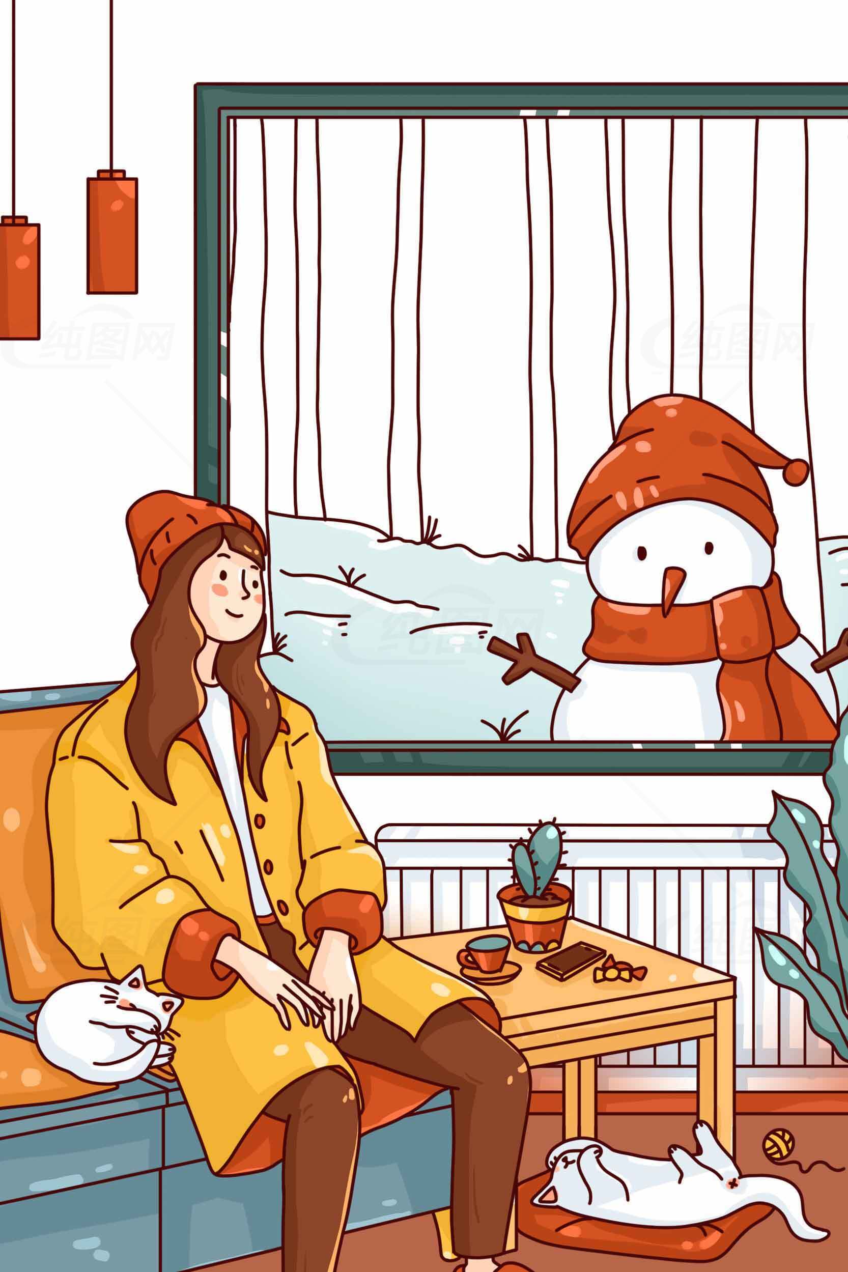 冬日温馨插画：窗外雪人与室内暖意素材