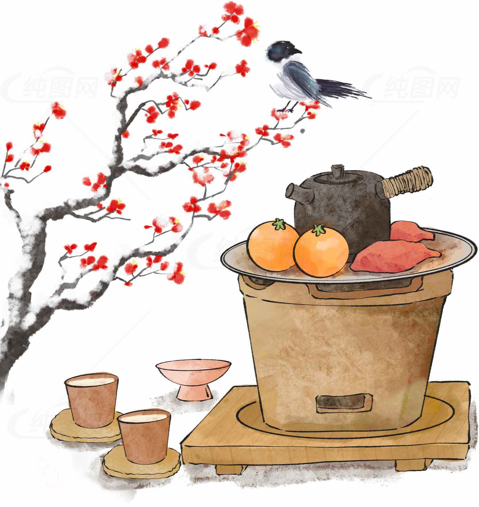 传统冬日暖炉与柿子插画：温馨的中国风意境素材