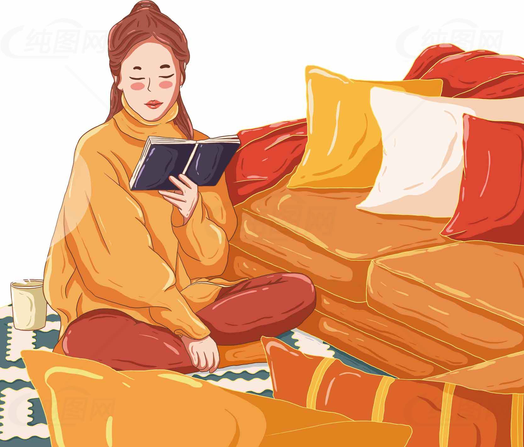 温馨居家阅读插画：舒适的客厅时光素材