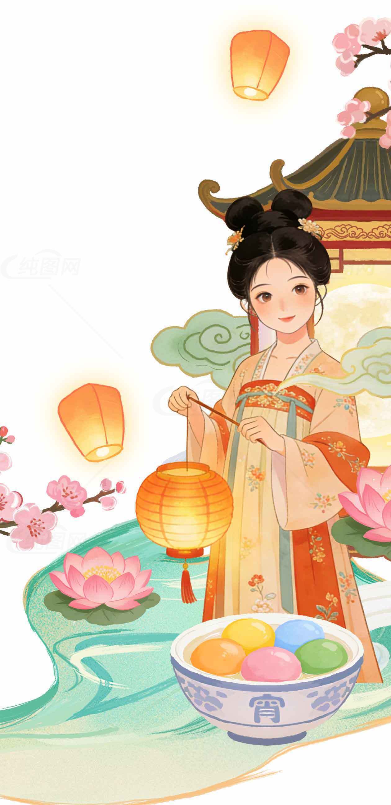 传统中式节日插画：元宵节赏灯与汤圆素材