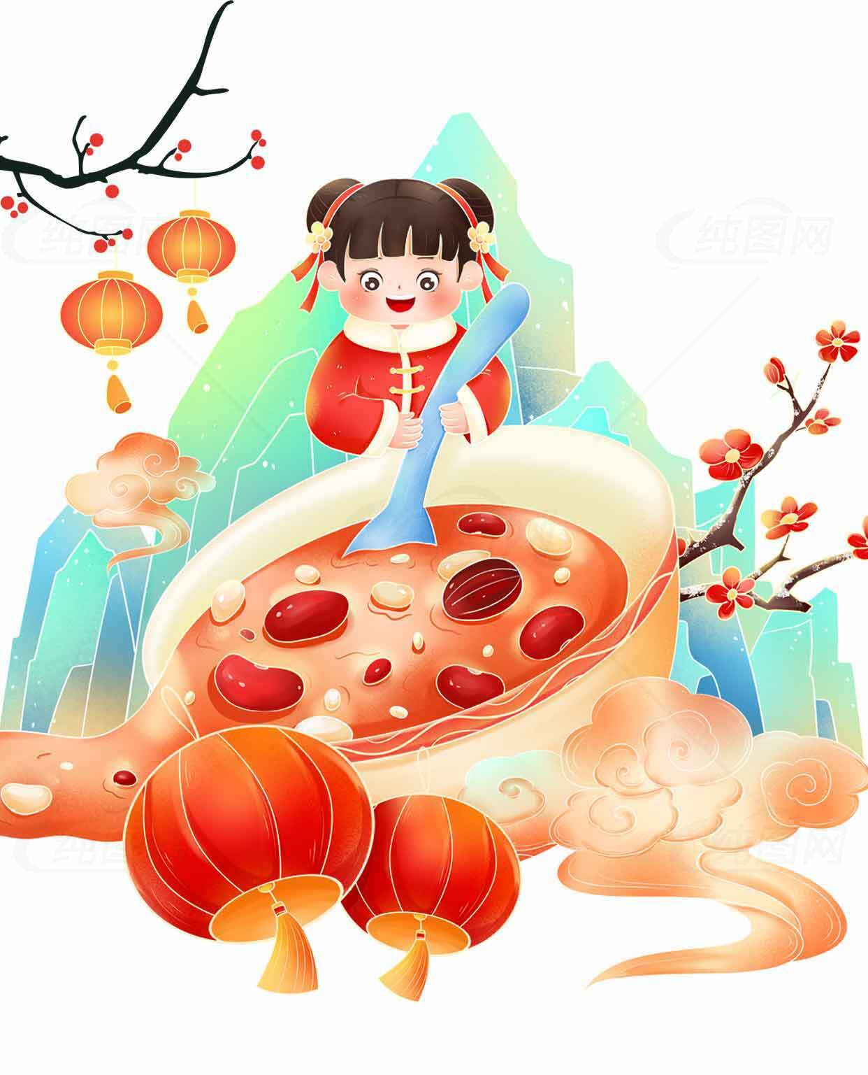 腊八节儿童插画：传统节日与腊八粥的温馨画面素材