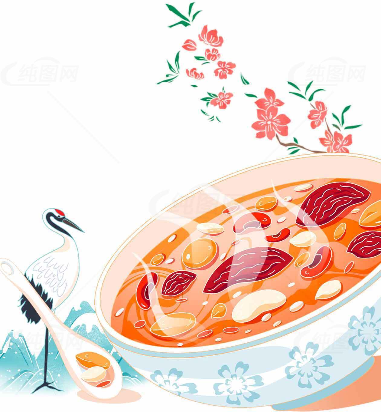腊八粥插画设计：传统美食与花卉装饰的完美结合素材