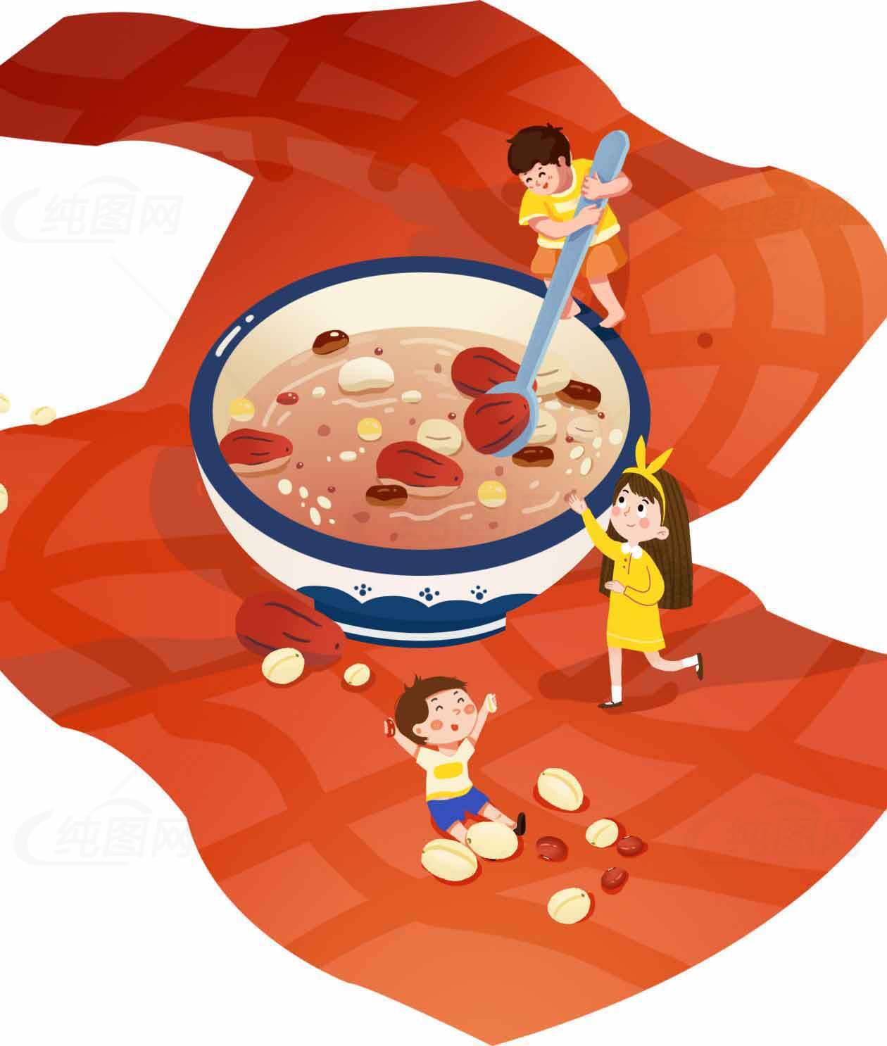 腊八粥与儿童互动的美食艺术插画素材