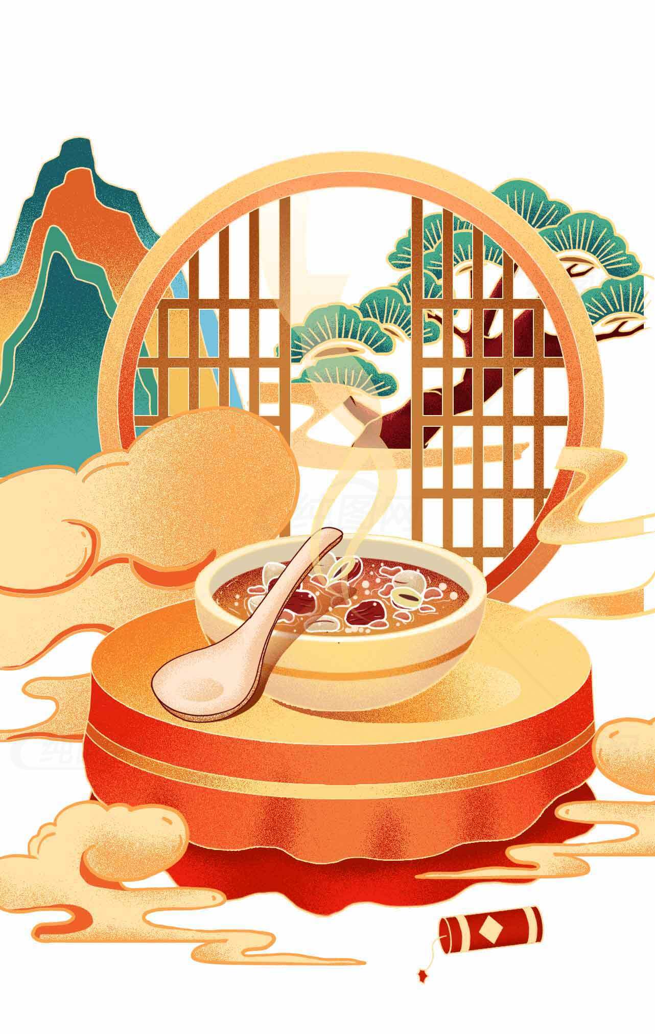 腊八粥传统美食插画设计 | 中式风格节日氛围素材