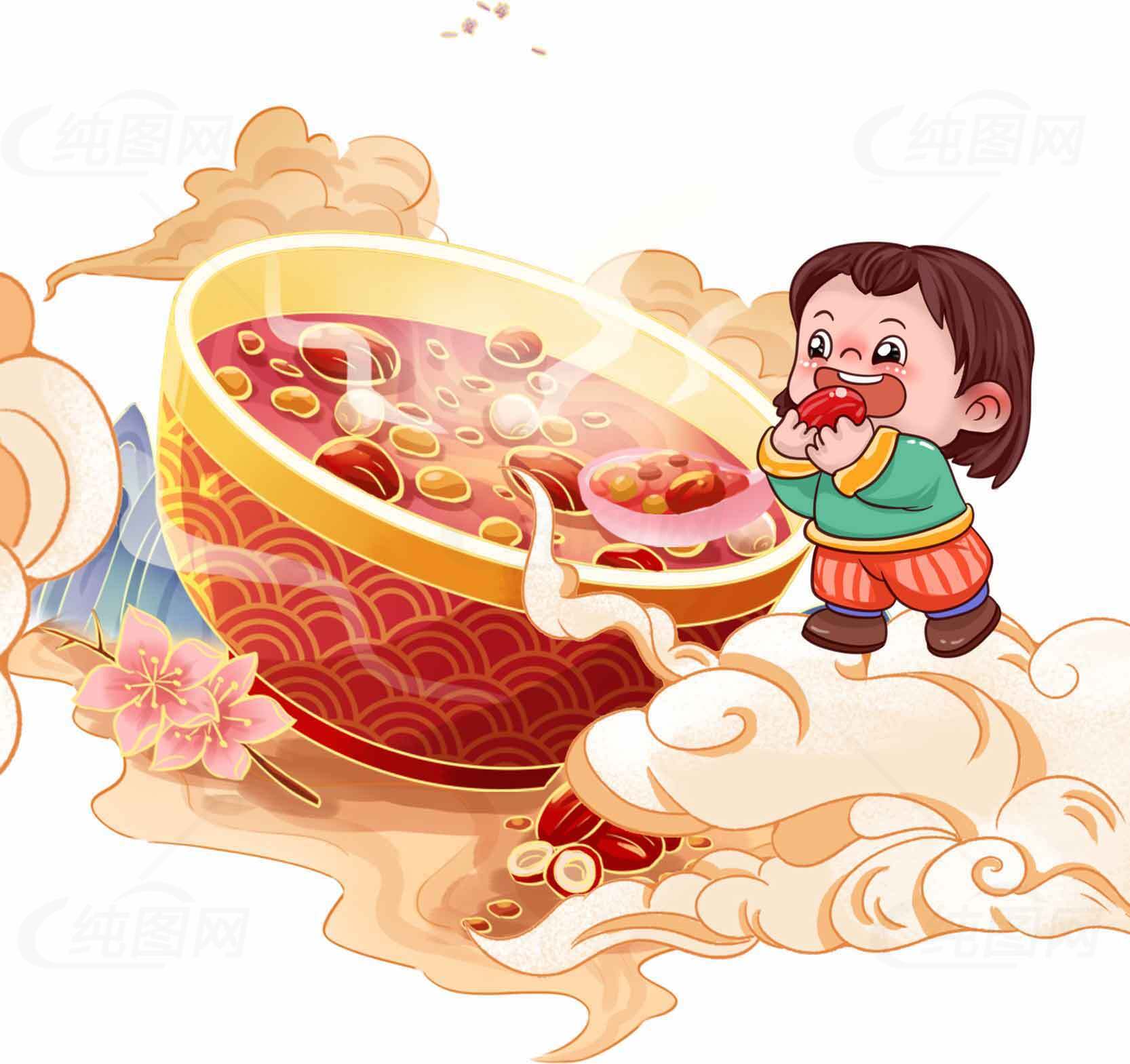 传统腊八节美食插画：腊八粥与节日氛围素材