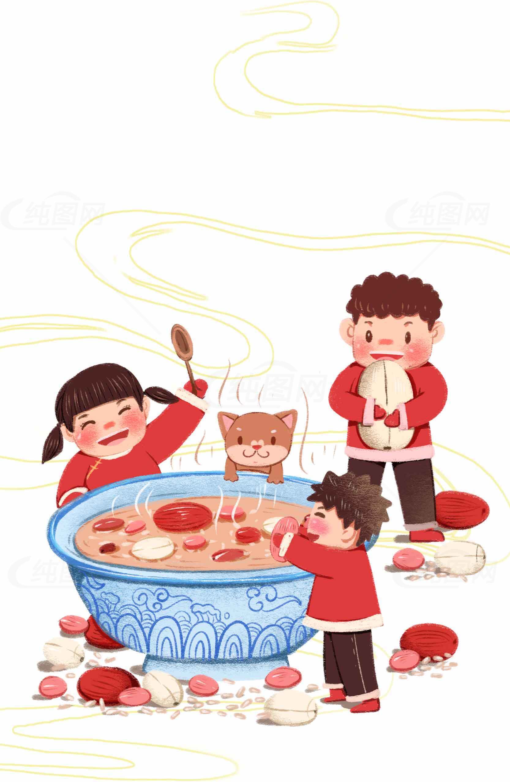 儿童插画：欢庆腊八节的温馨场景素材