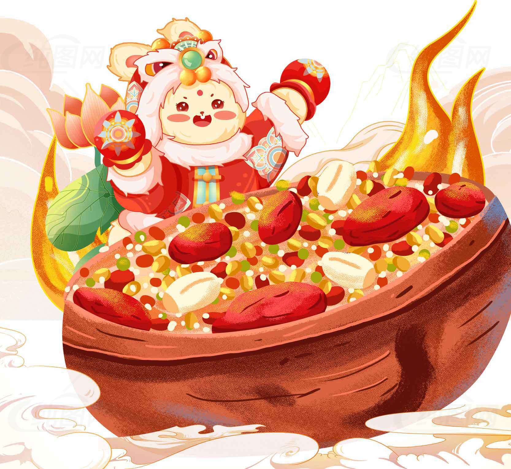 传统节日美食插画：热气腾腾的腊八粥与吉祥物素材