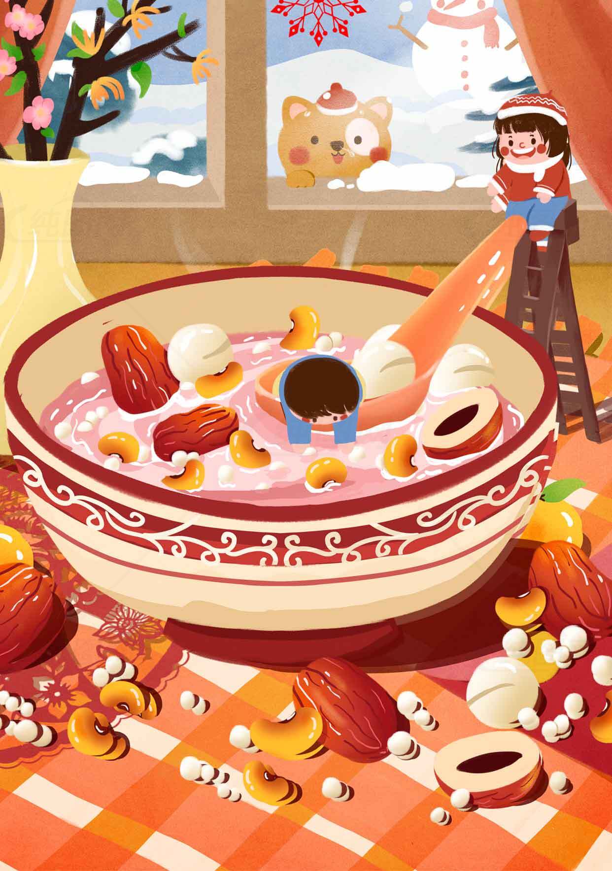 冬日暖心腊八粥插画 | 养生美食与节日氛围素材