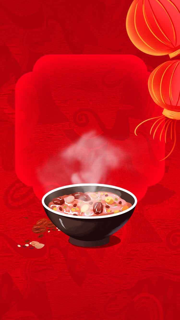传统节日红色背景的热气腾腾腊八粥图片素材