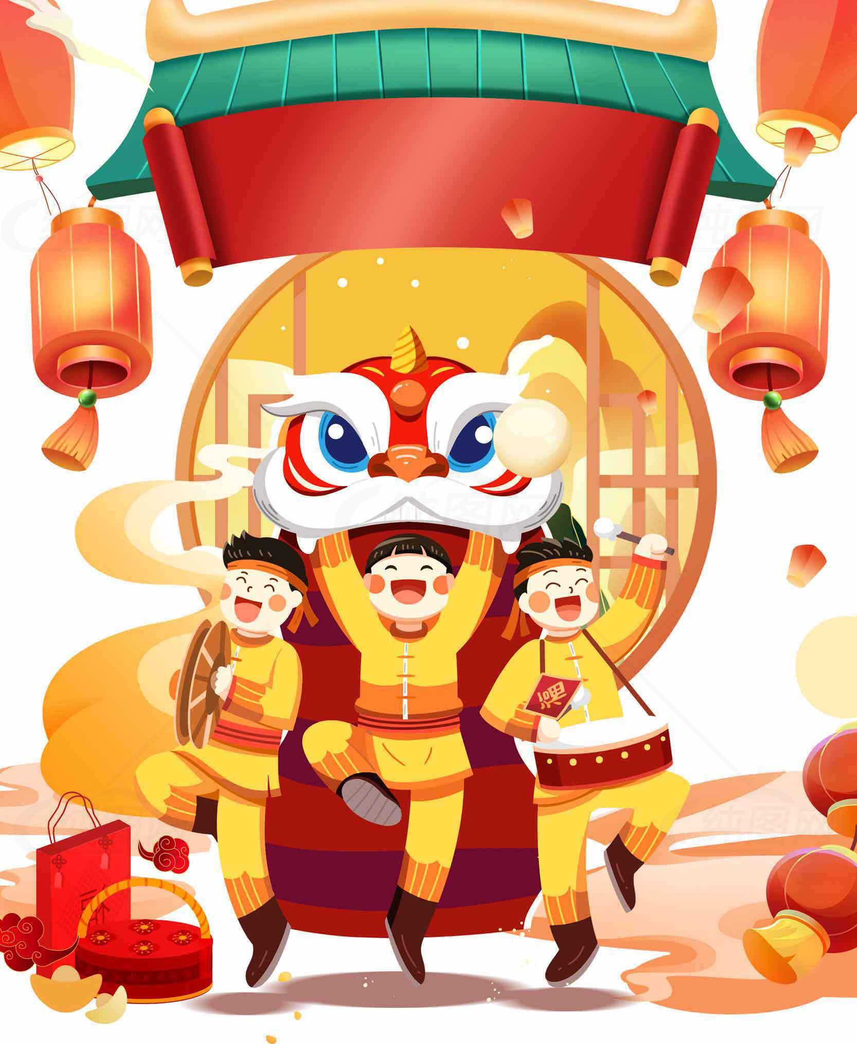 春节舞狮插画庆祝活动设计素材